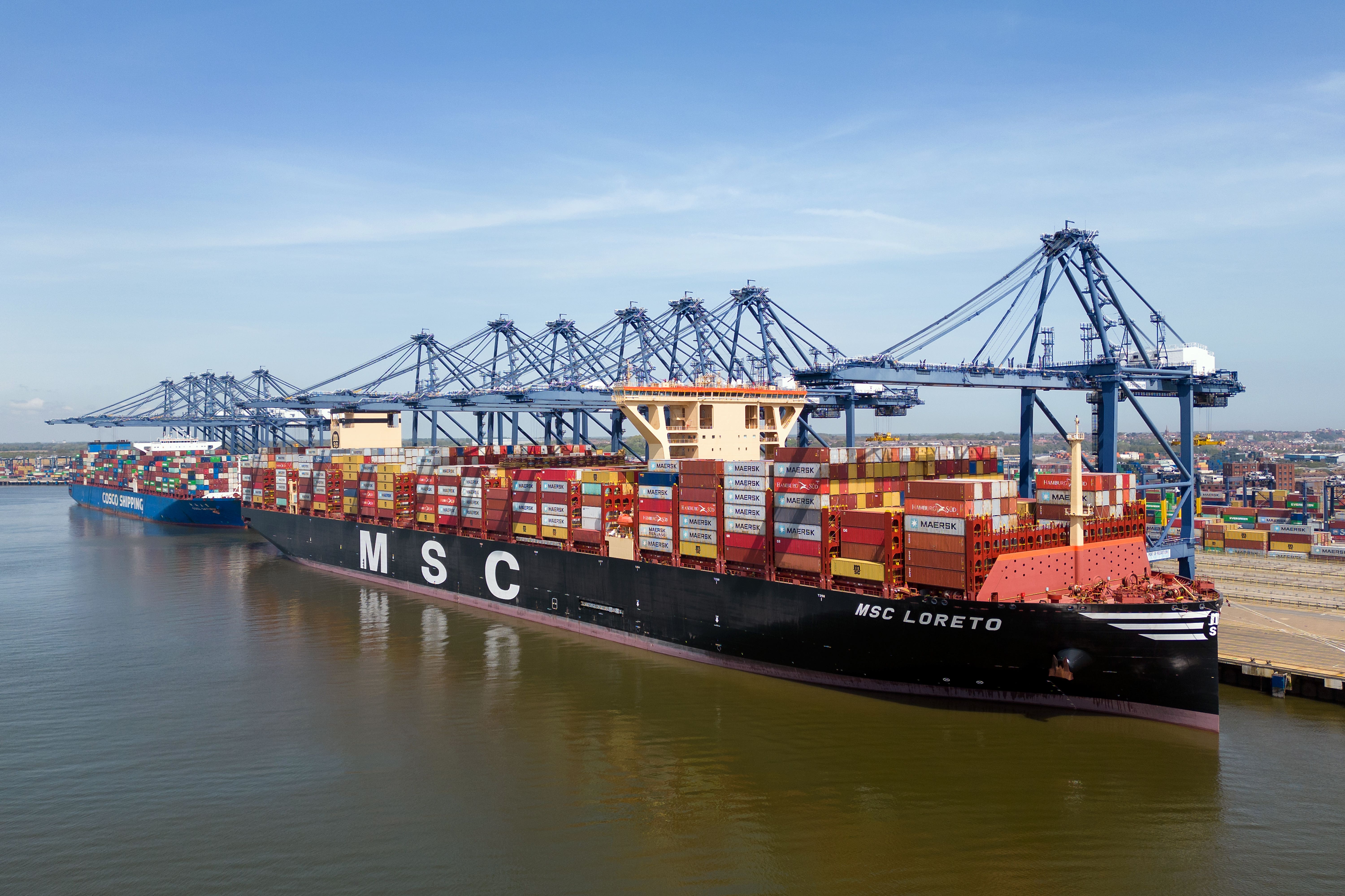 The world’s joint largest cargo ship MSC Loreto docked at the Port of Felixstowe in Suffolk (Joe Giddens/ PA)