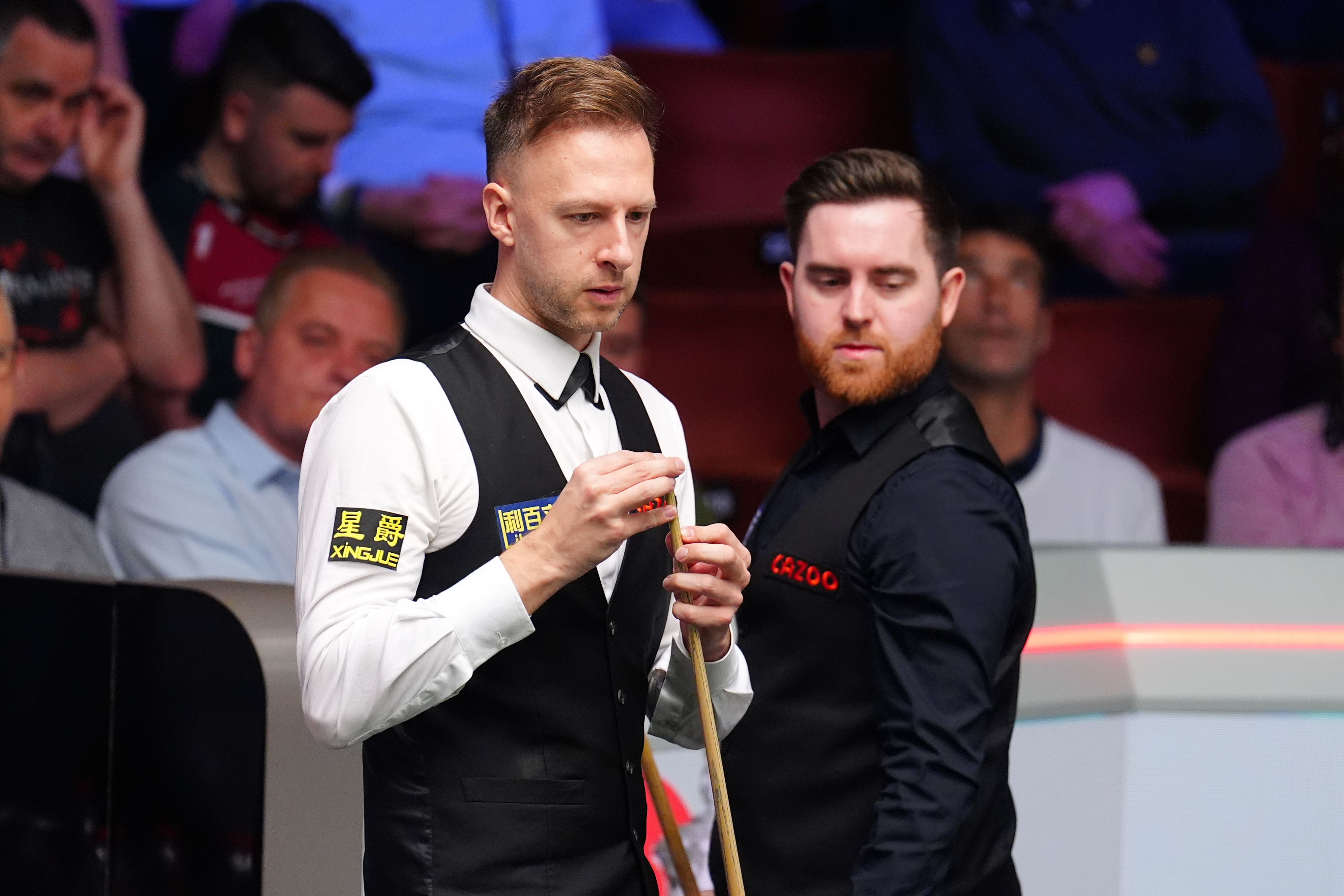 Jak Jones, right, stunned Judd Trump to reach the world snooker semi-finals (Mike Egerton/PA)