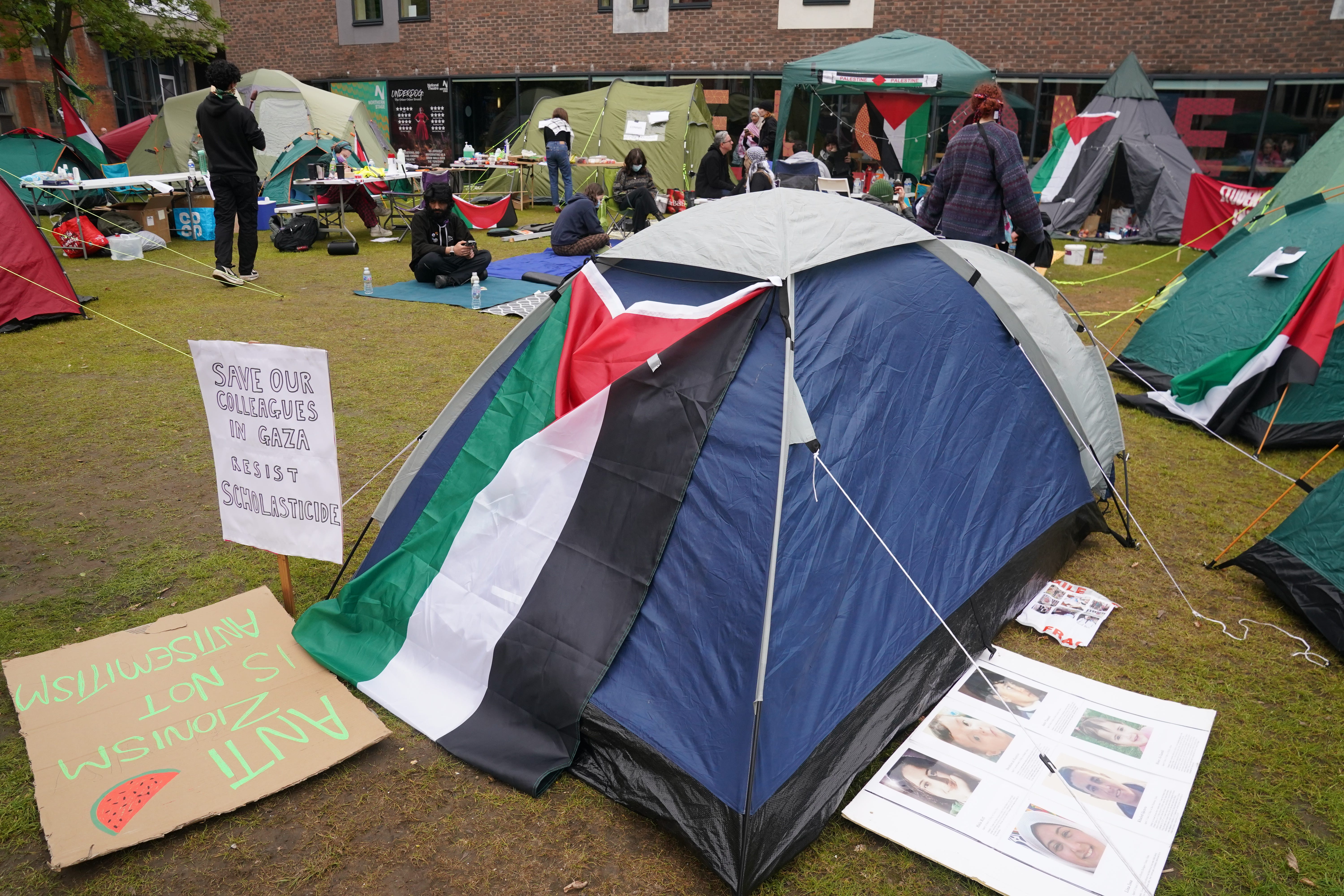 Students at an encampment on the grounds of Newcastle University, protesting against the war in Gaza (Owen Humphreys/PA)