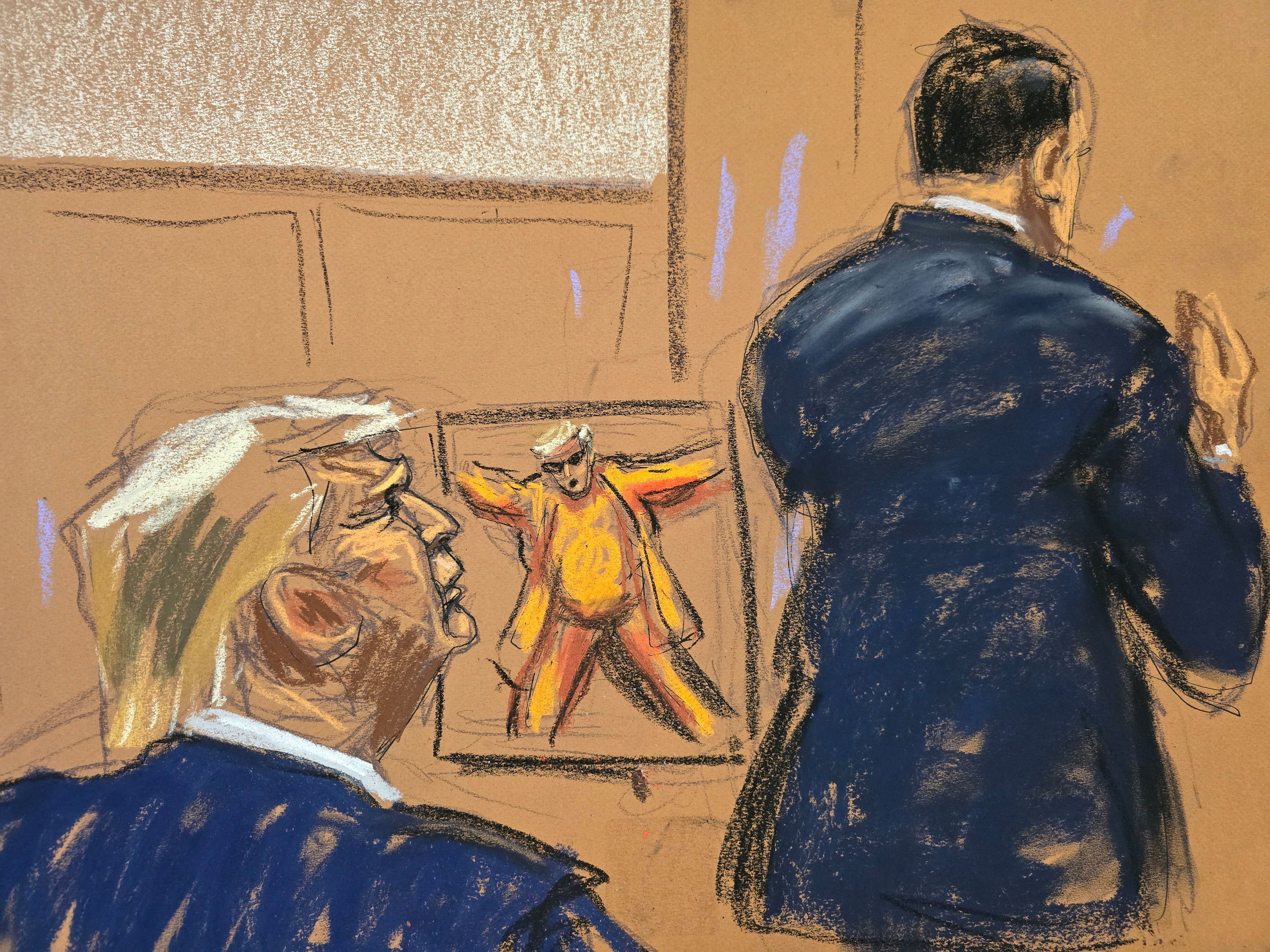 A courtroom sketch depicts Donald Trump looking at social media posts about him during his gag order hearing on 2 May