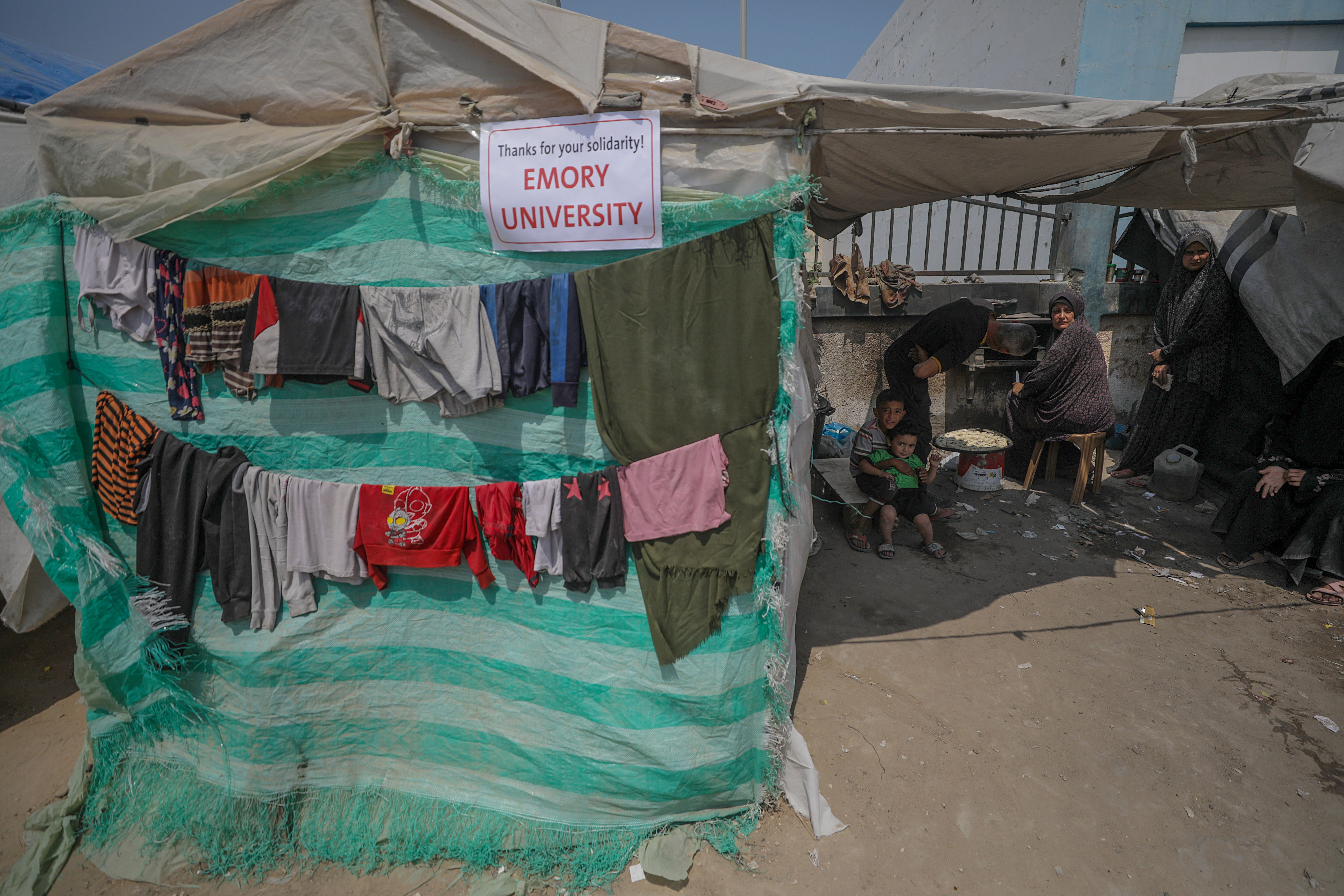 A sign in Gaza that reads, “Thanks for your solidarity! Emory University” pictured on 1 May. Dozens of protesters at Emory University in Georgia have established an encampment on campus