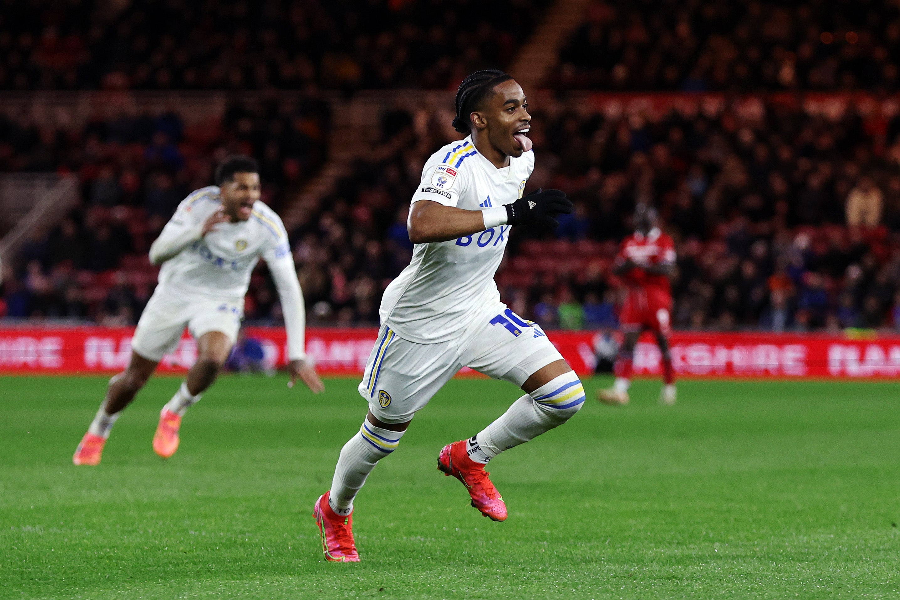 Crysencio Summerville celebrates scoring Leeds’ fourth goal against Middlesbrough