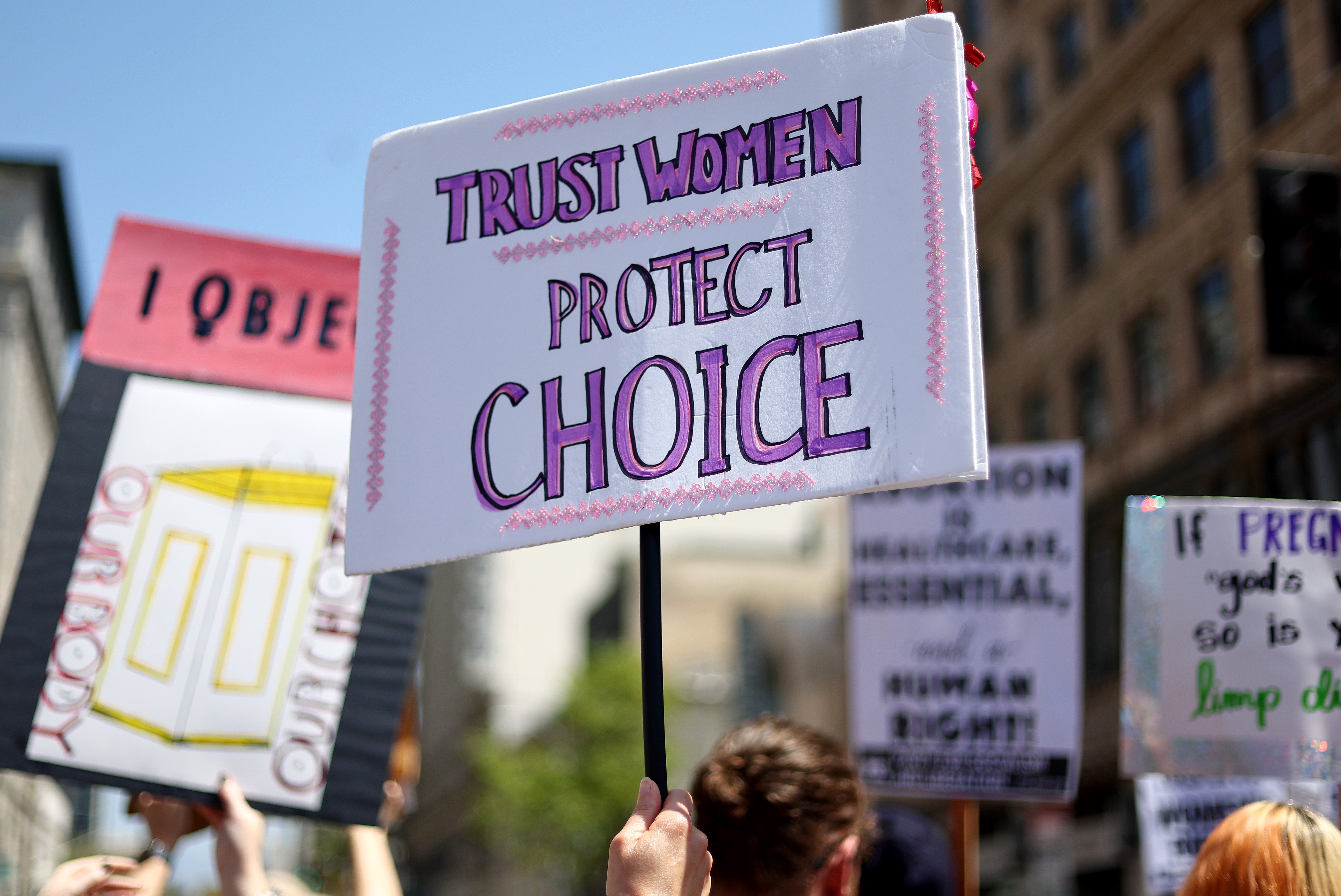 Protestors demonstrate at the March for Reproductive Rights organized by Women's March L.A. on April 15, 2023 in Los Angeles, California