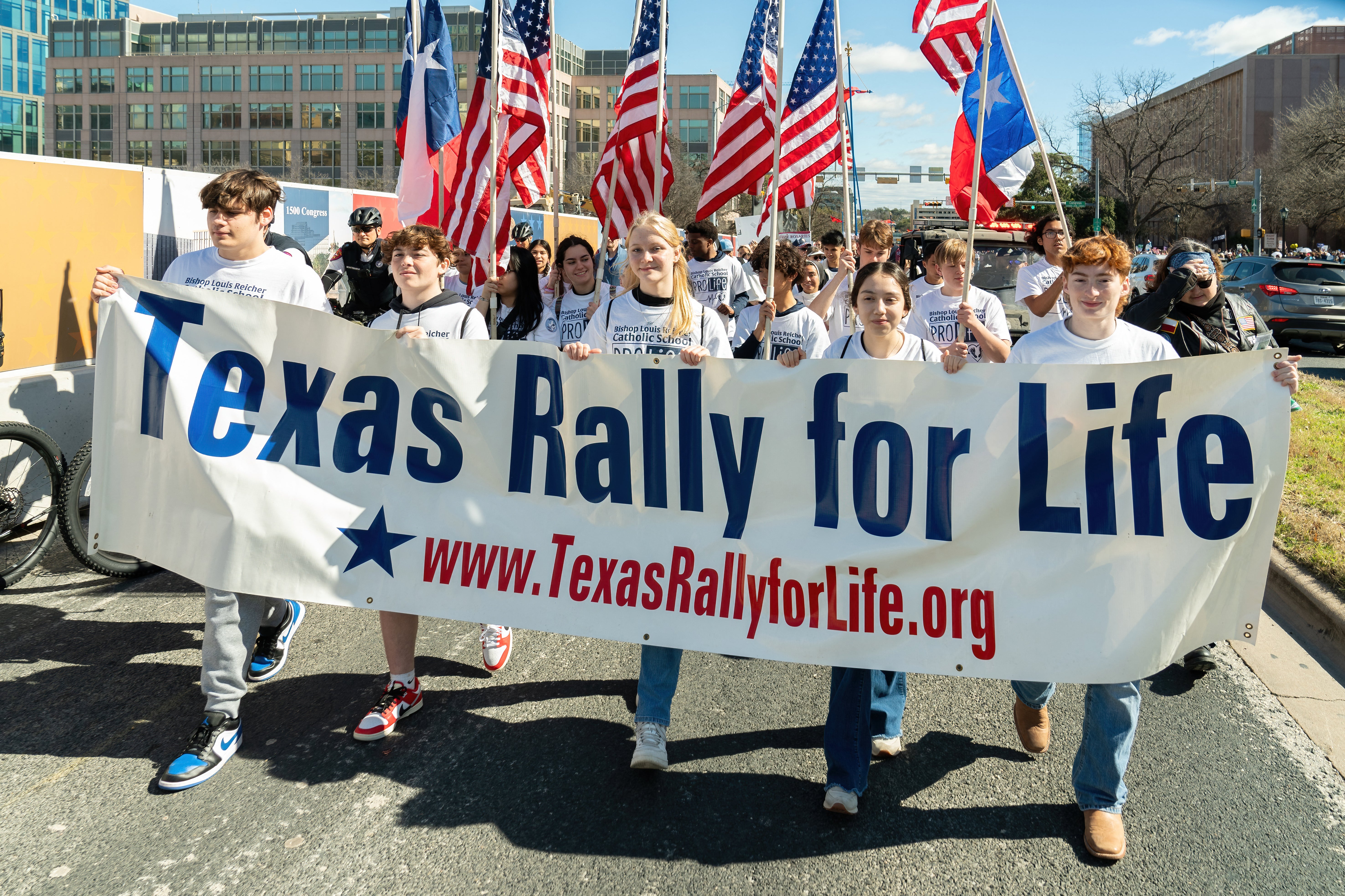 Anti-abortion rights supporters take part in a "Rally for Life" march and celebration outside the Texas State Capitol on January 27, 2024, in Austin, Texas.