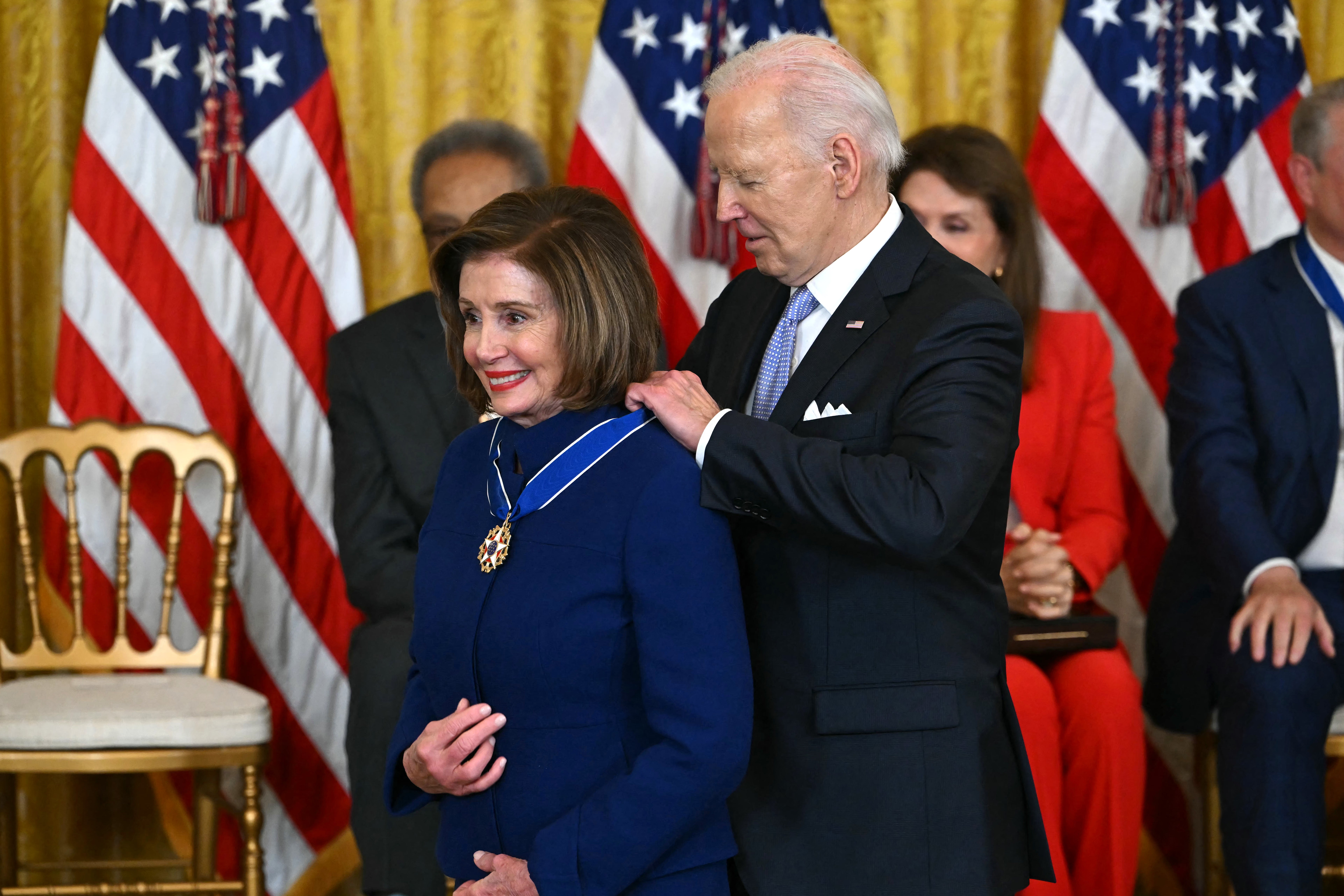 Joe Biden presents the Presidential Medal of Freedom to US Representative Nancy Pelosi in the East Room of the White House in Washington, DC, on May 3, 2024.