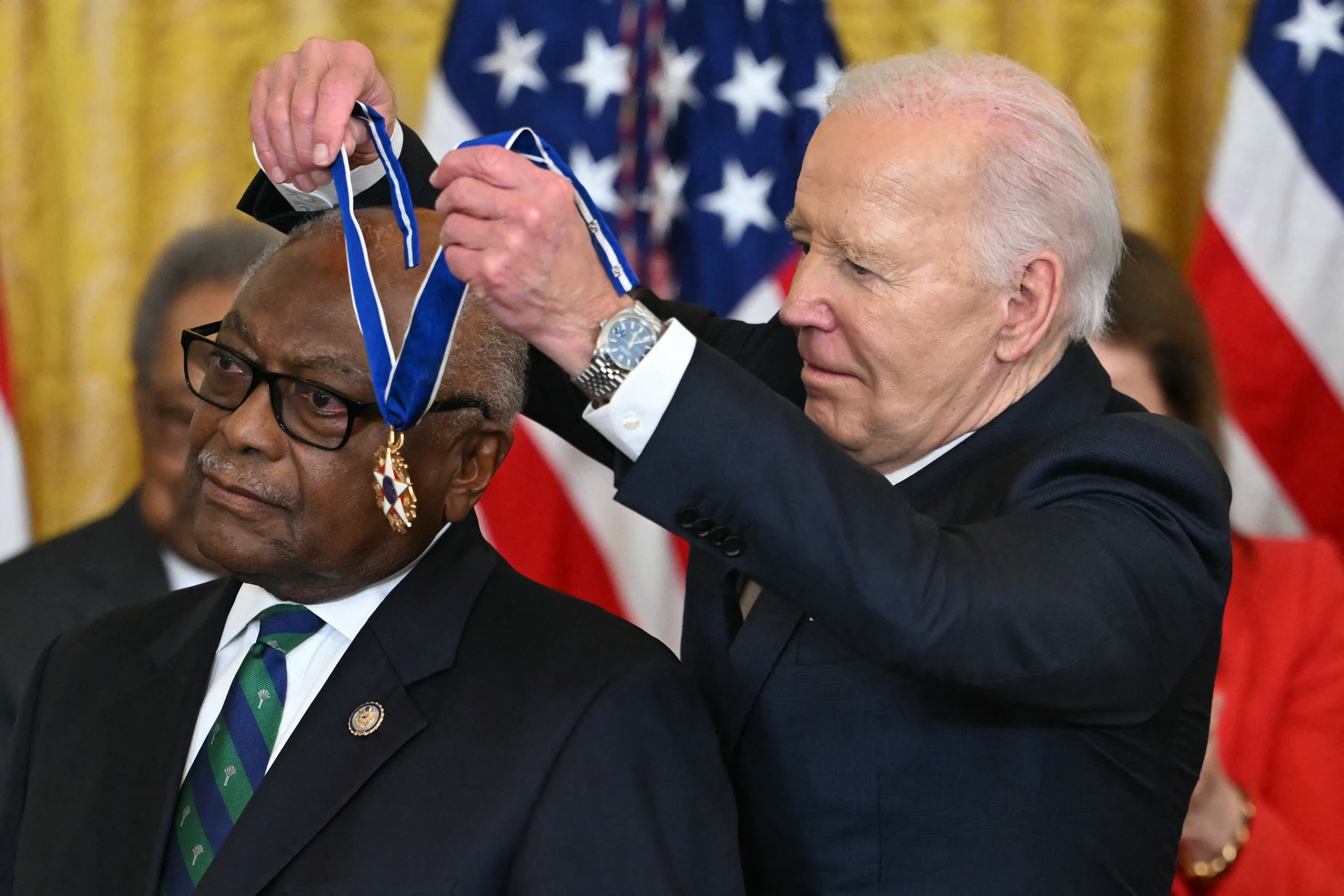 Joe Biden presents the Presidential Medal of Freedom to US Representative James Clyburn in the East Room of the White House in Washington, DC, on May 3, 2024.