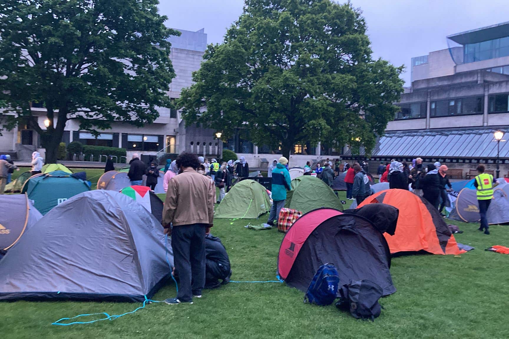 Student protest camp on grounds of Trinity College Dublin (Laszlo Molnarfi/PA)