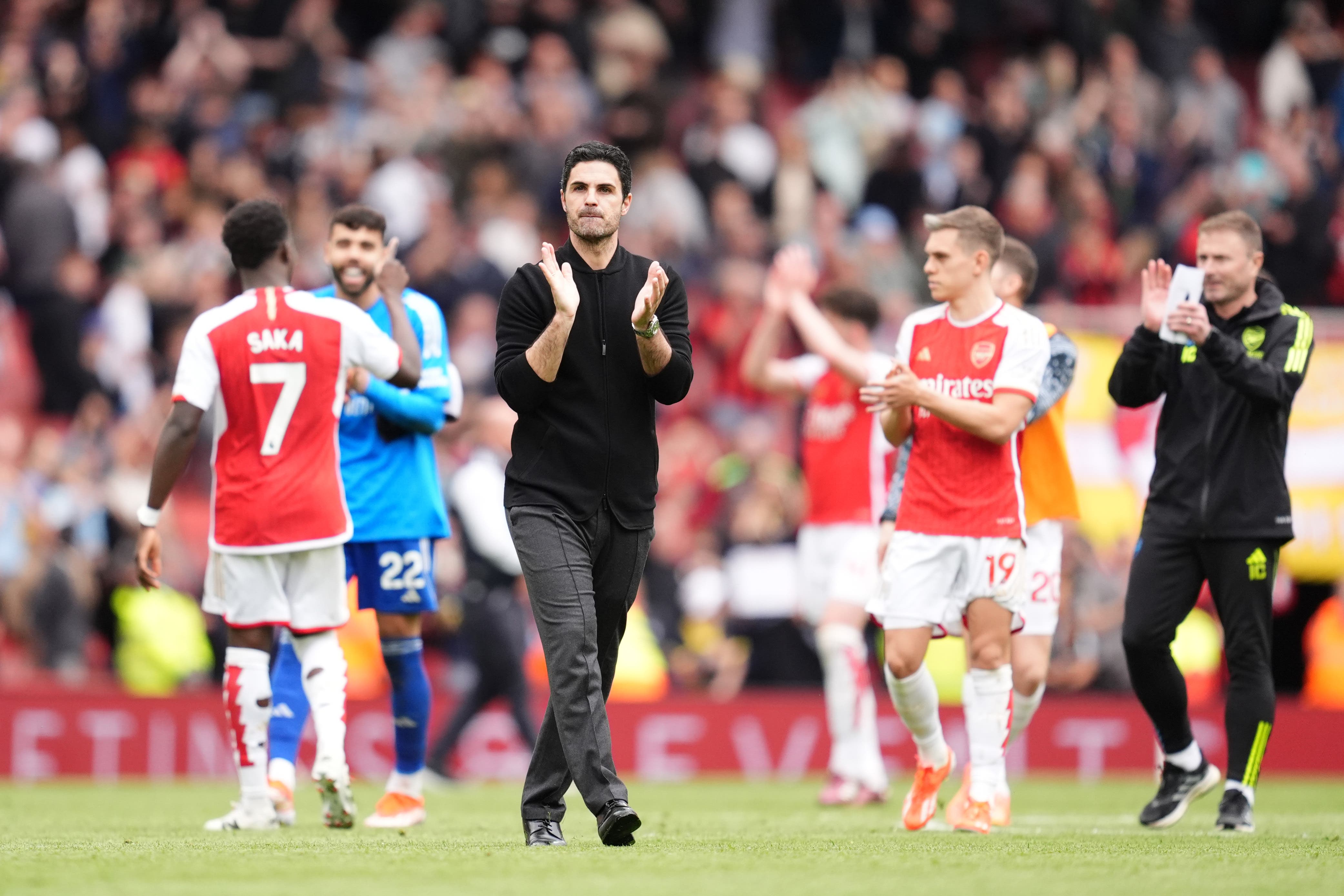 Arsenal manager Mikel Arteta celebrates after the Premier League match at the Emirates Stadium, London. Picture date: Saturday May 4, 2024.