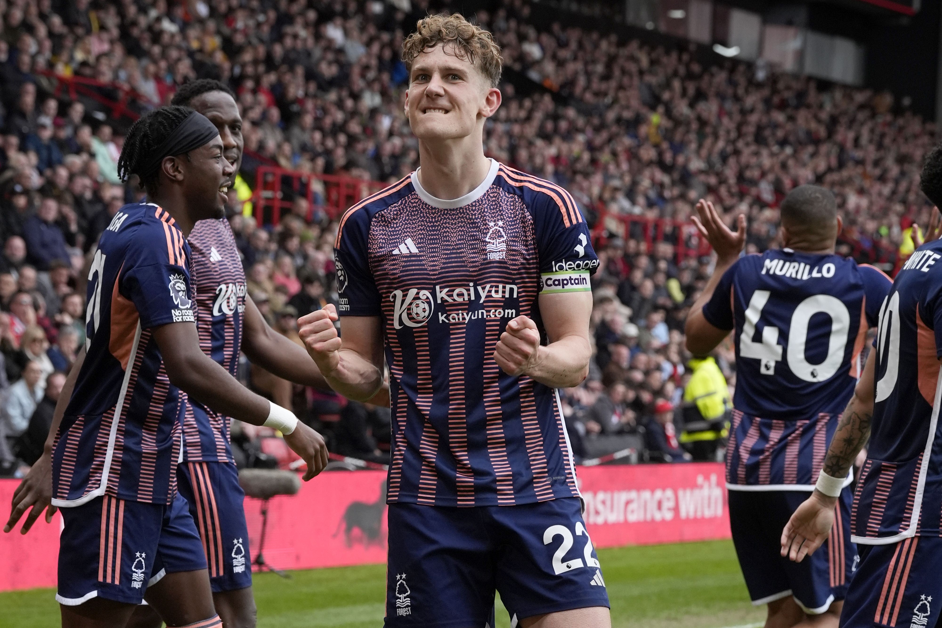 Ryan Yates (centre) celebrates scoring Forest’s controversial second goal (Danny Lawson/PA)