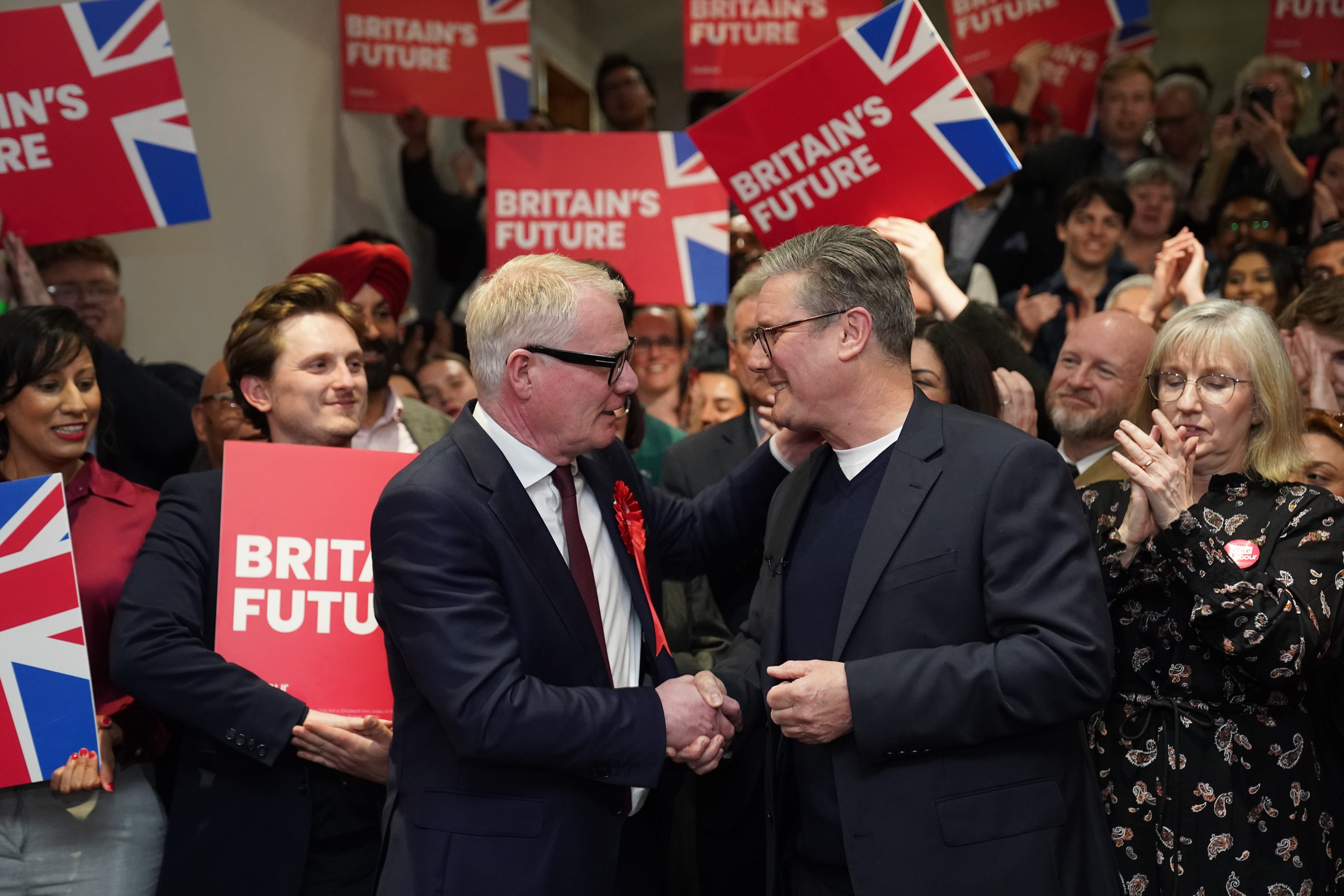 Labour Party leader Sir Keir Starmer celebrates with newly elected Mayor of West Midlands Richard Parker (Jacob King/PA)