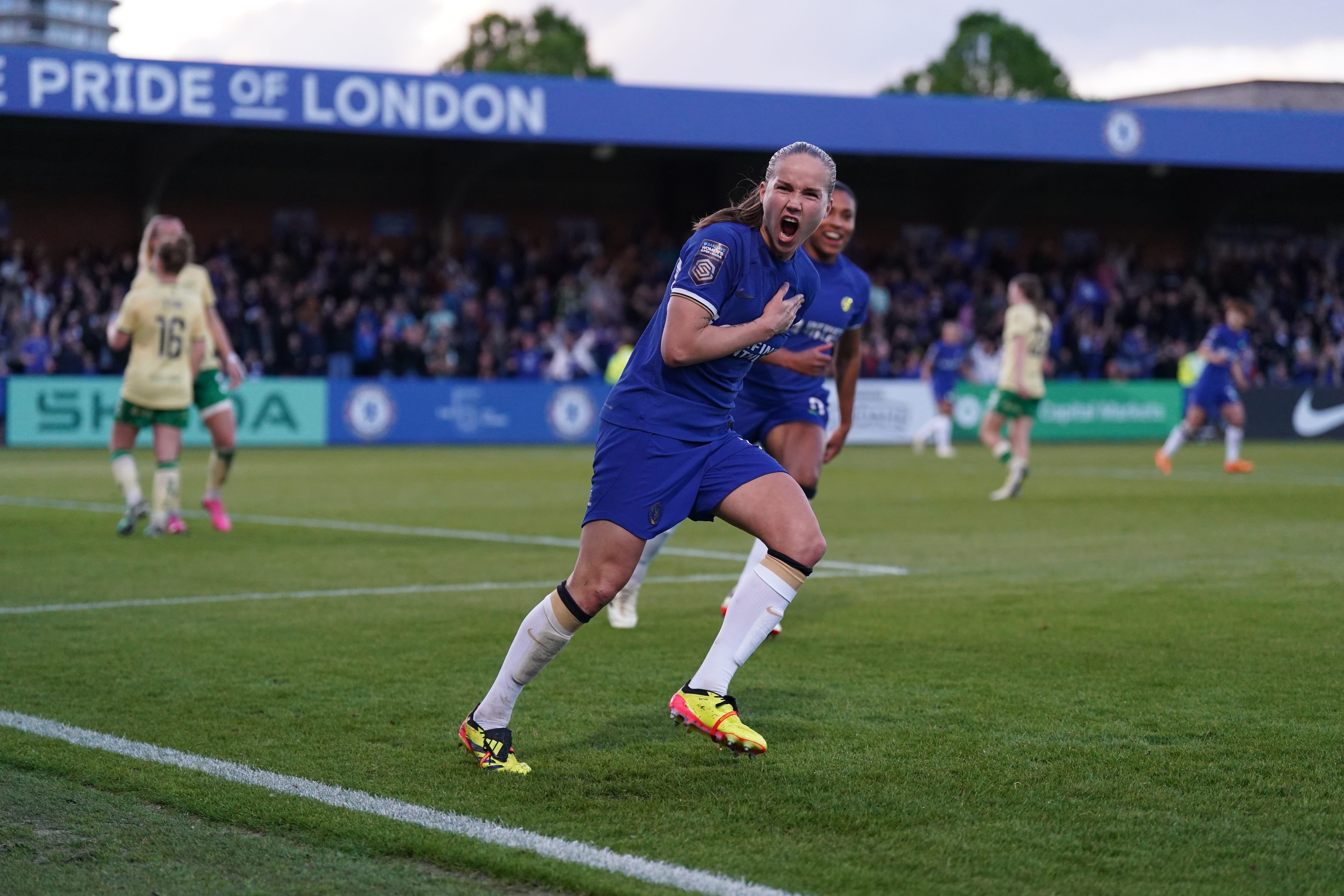 Chelsea’s Guro Reiten celebrates scoring their side’s fifth goal of the game during the Barclays Women’s Super League match at Kingsmeadow, London. Picture date: Sunday May 5, 2024.