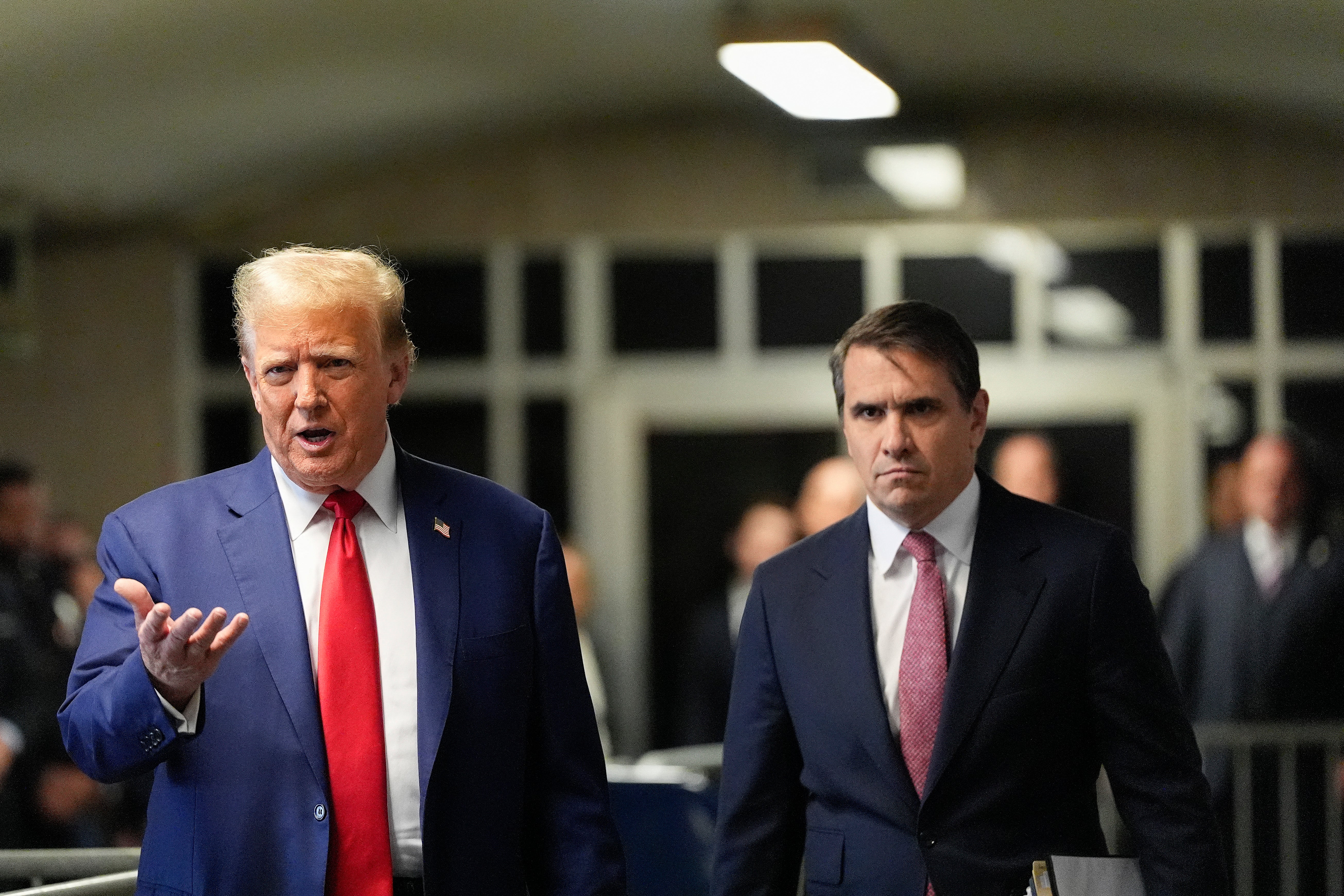 Donald Trump and his attorney Todd Blanche appear in a Manhattan criminal courthouse on 6 May