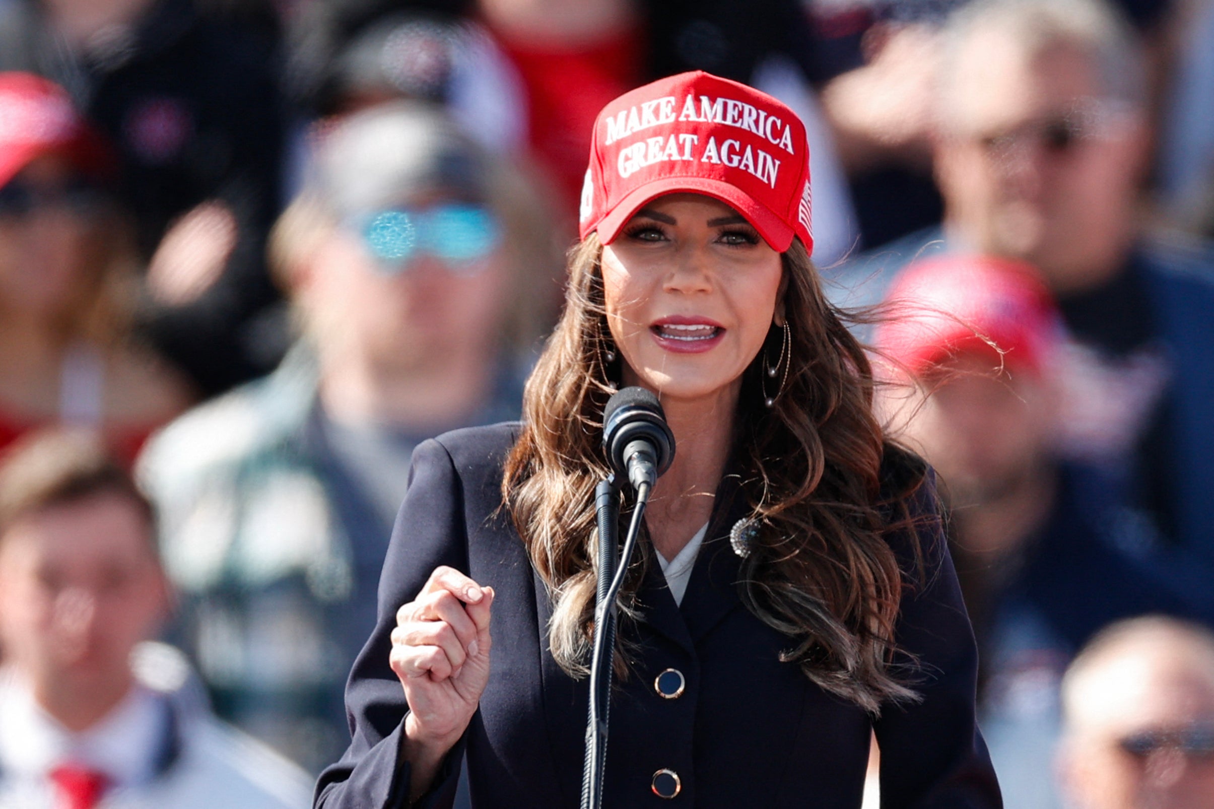 South Dakota Governor Kristi Noem speaks before Donald Trump took the stage during a rally in Ohio on 16 March 2024