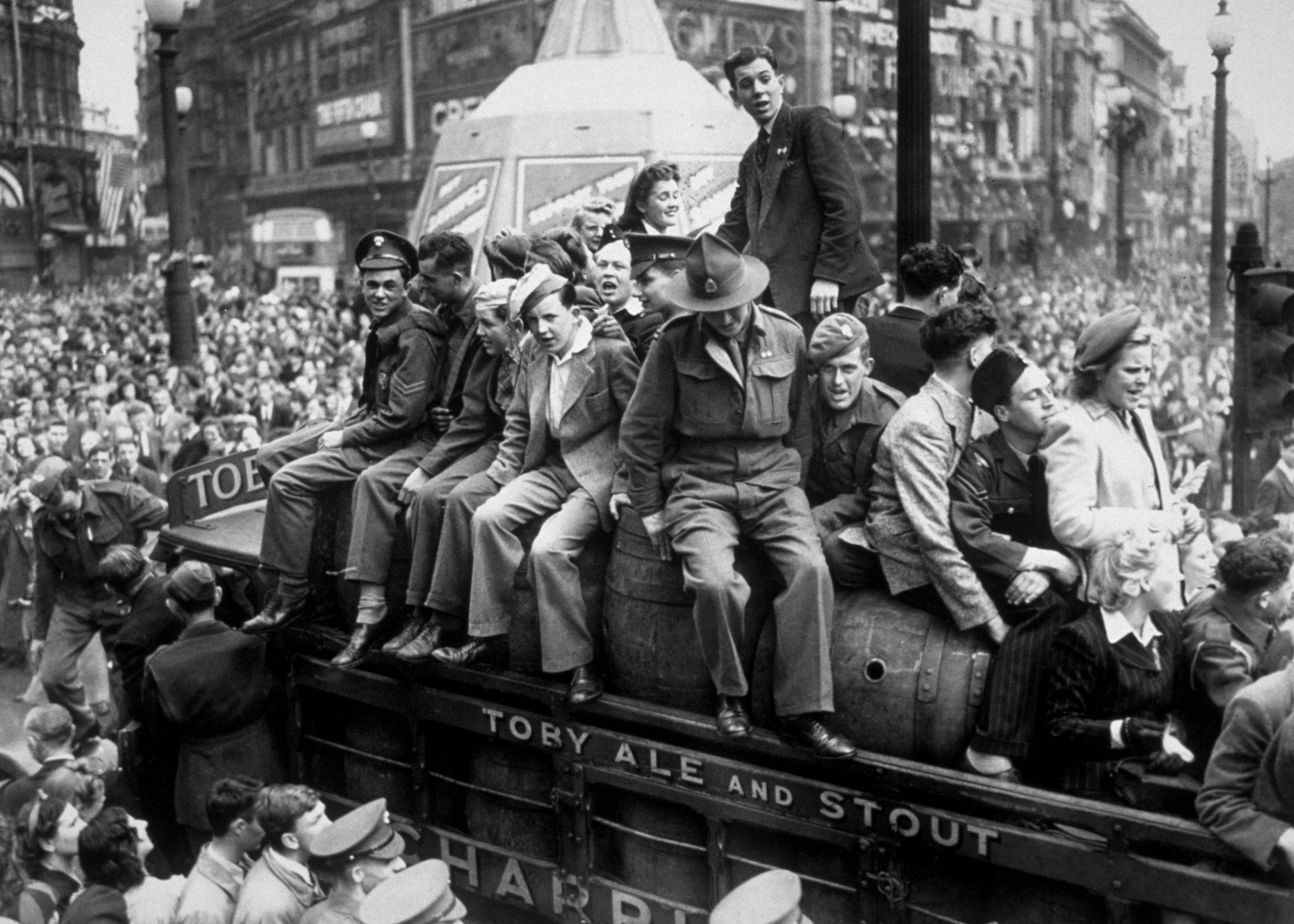 Celebrations in London’s Piccadilly Circus on VE Day, 1945