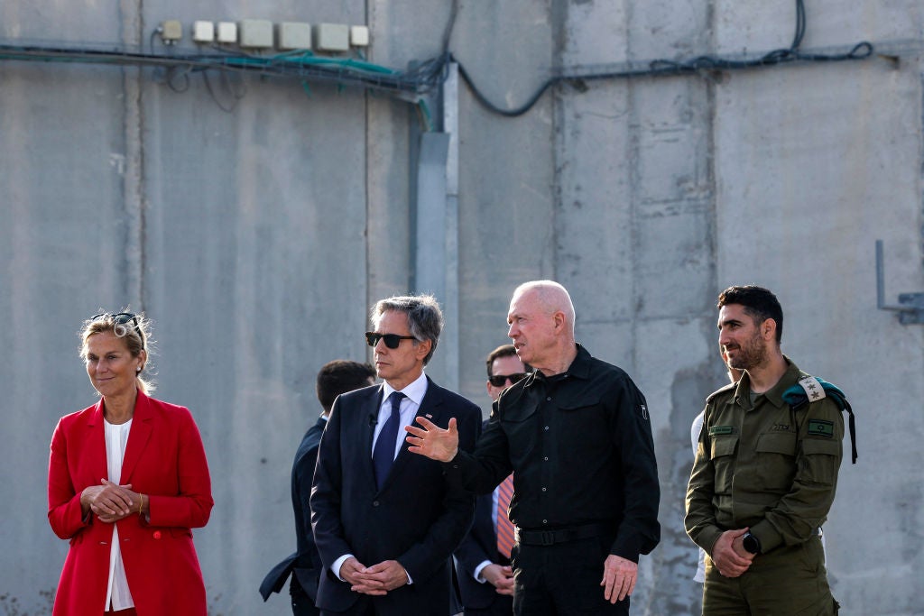 Israeli Defence Minister Yoav Gallant meets with US Secretary of State Antony Blinken at the Kerem Shalom border crossing in southern Israel