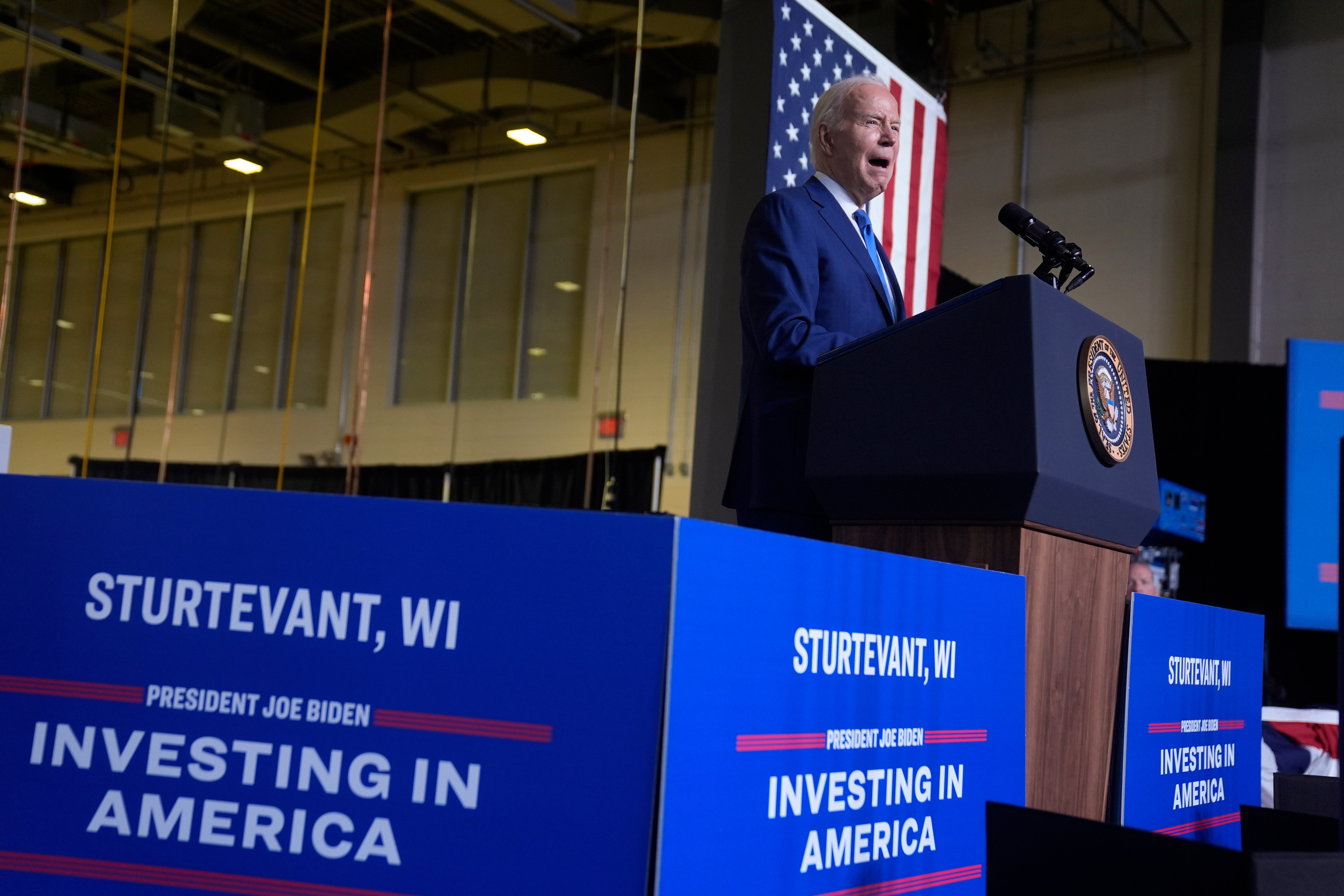 President Joe Biden delivers remarks on his "Investing in America agenda" at Gateway Technical College, Wednesday, May 8, 2024, in Sturtevant, Wis. (AP Photo/Evan Vucci)