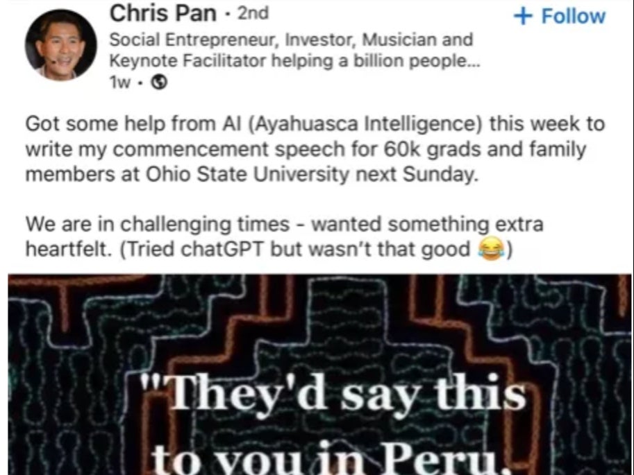 A screenshot of ‘social entrepreneur’ Chris Pan’s Facebook post claiming he used South American hallucinogen ayahuasca to help him write his Ohio State University commencement speech