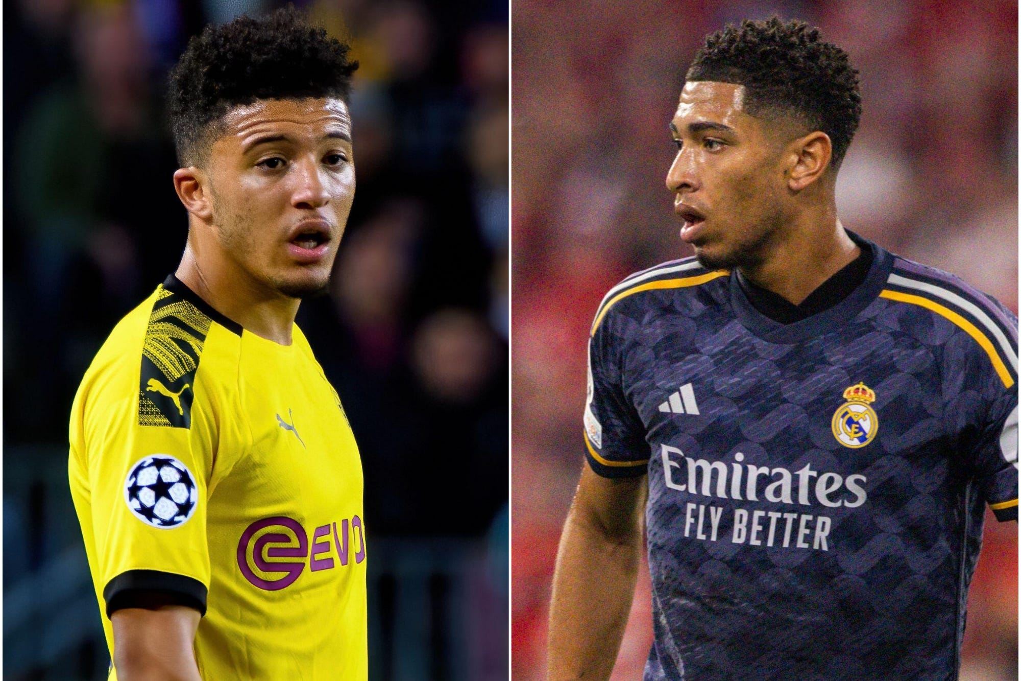 Jadon Sancho and Jude Bellingham will meet in the Champions League final when Borussia Dortmund take on Real Madrid. (Christian Bertrand /Alamy Stock Photo/Moritz Müller / Alamy Stock Photo)