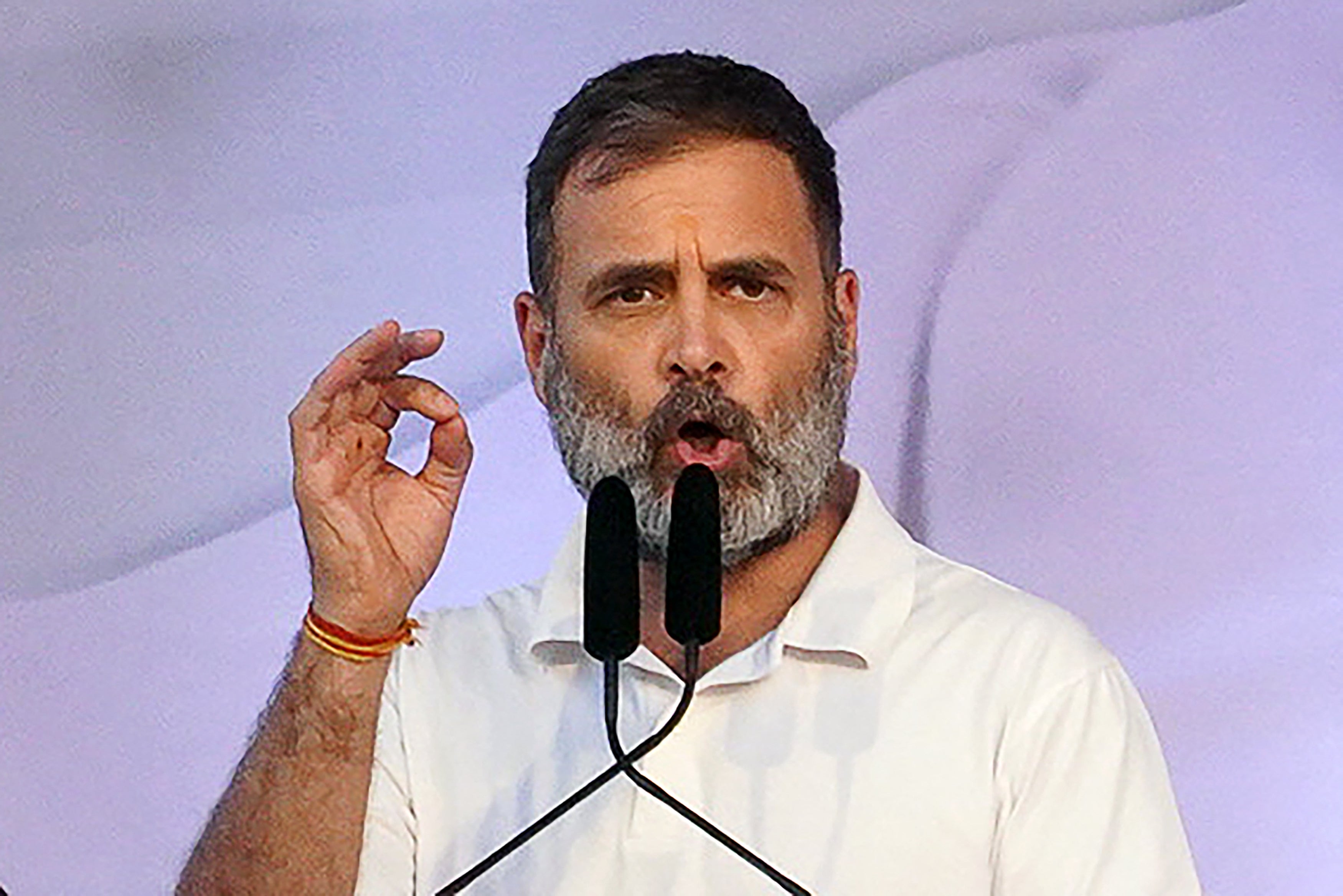 Rahul Gandhi speaks during a rally in Pune