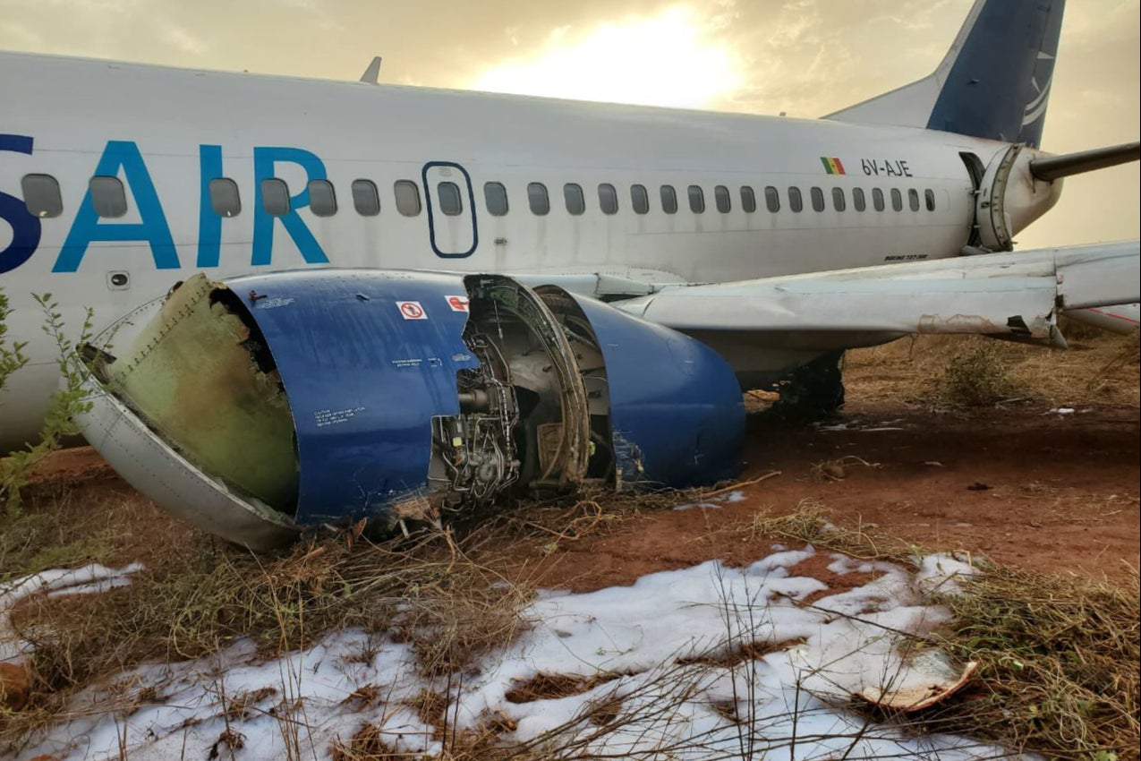 A Transair Boeing 737-38J (6V-AJE) suffered a runway excursion at Dakar Airport, Senegal