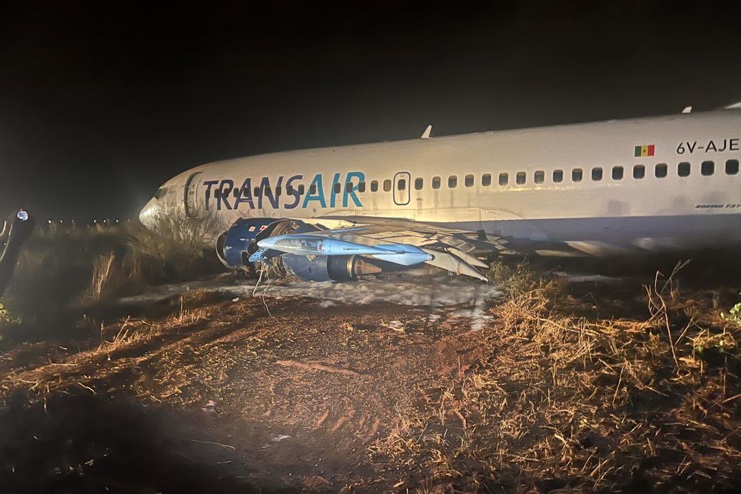 A Boeing 737-300 skidded off the runway and caught fire during a take-off in Senegal late on Wednesda