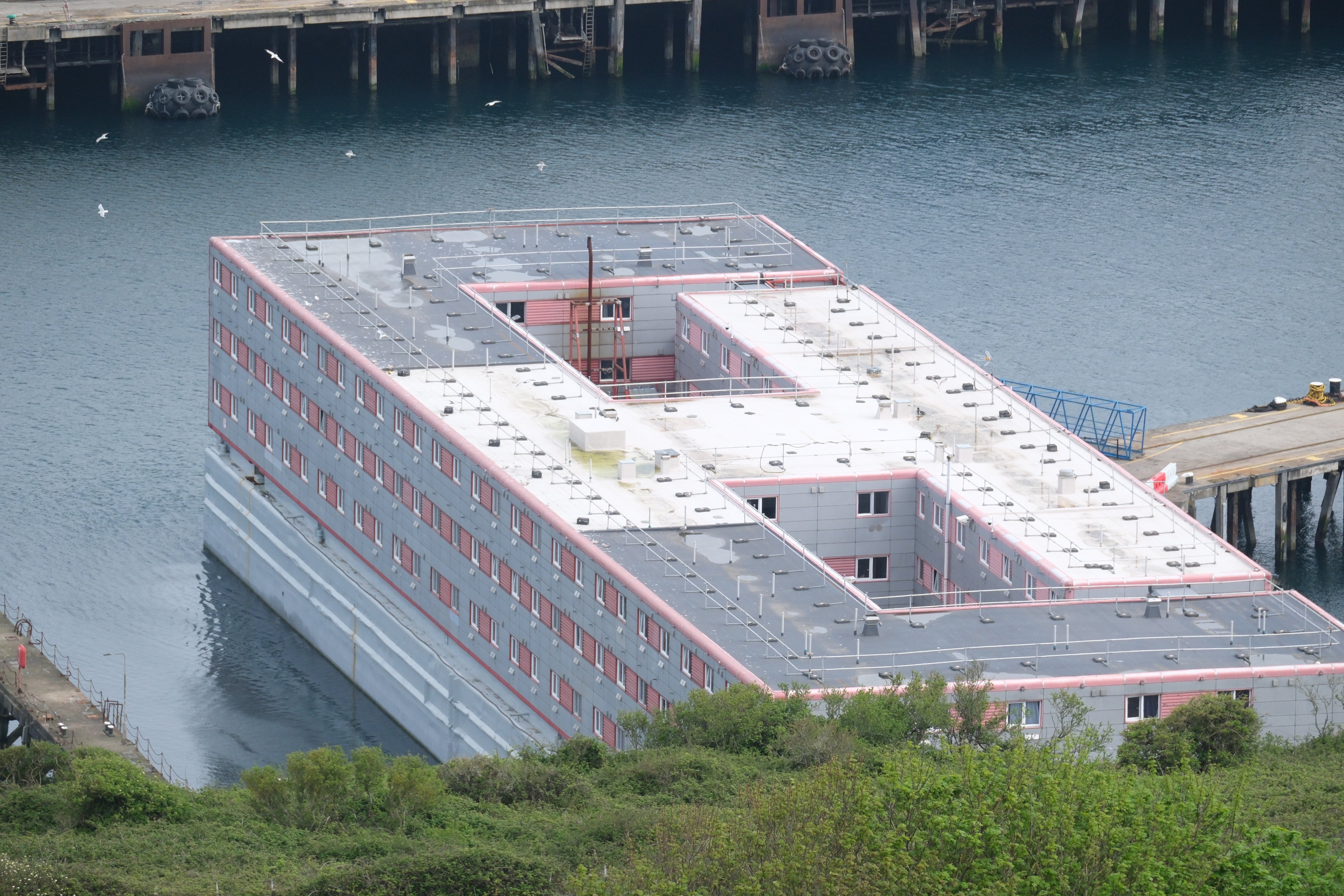 A view of the ‘Bibby Stockholm’ accommodation barge at Portland Port in Dorset