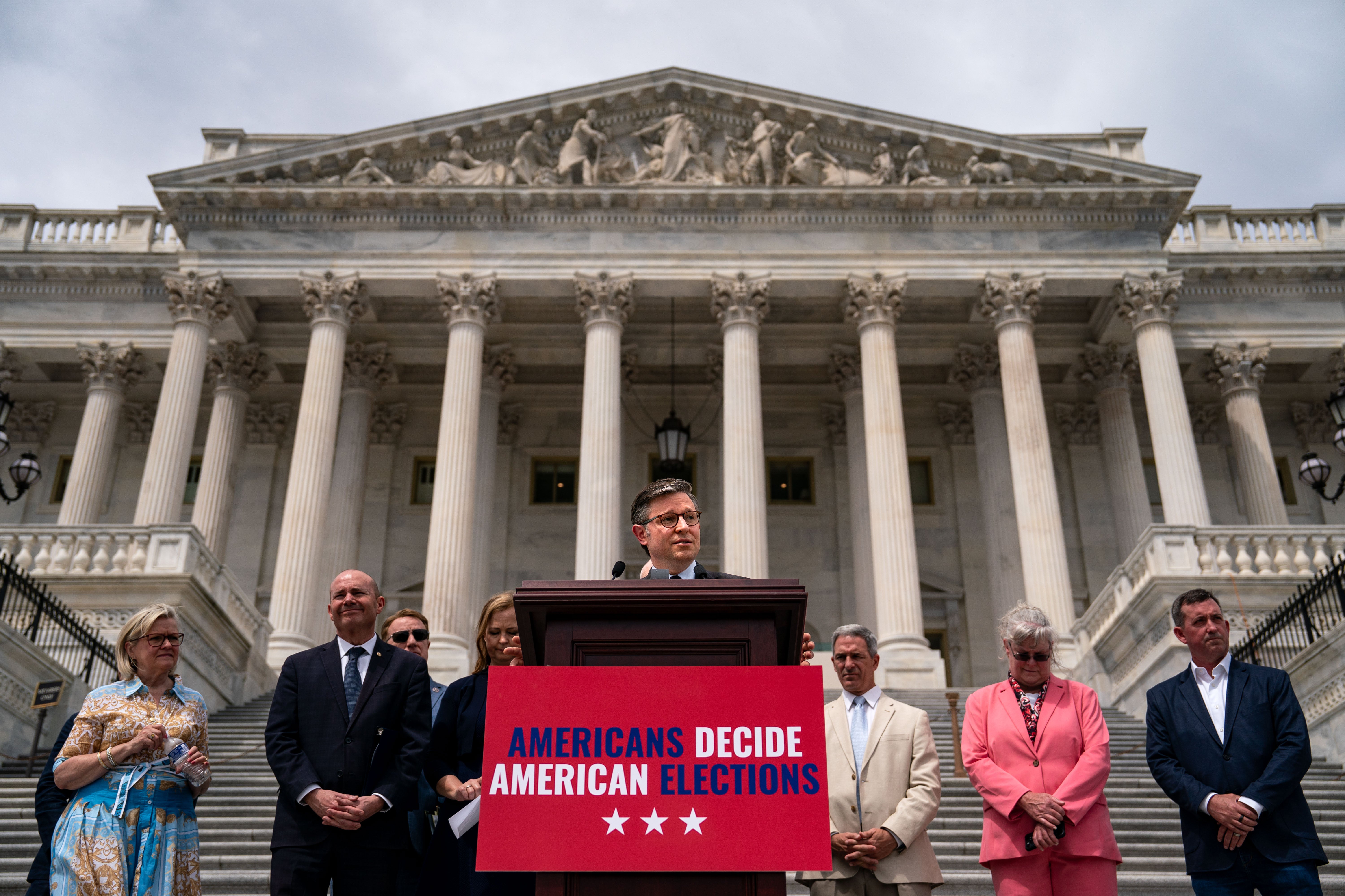 Speaker of the House Mike Johnson (R-LA) speaks during a news conference on the steps of the House of Representatives at the U.S. Capitol on May 8, 2024 in Washington, DC