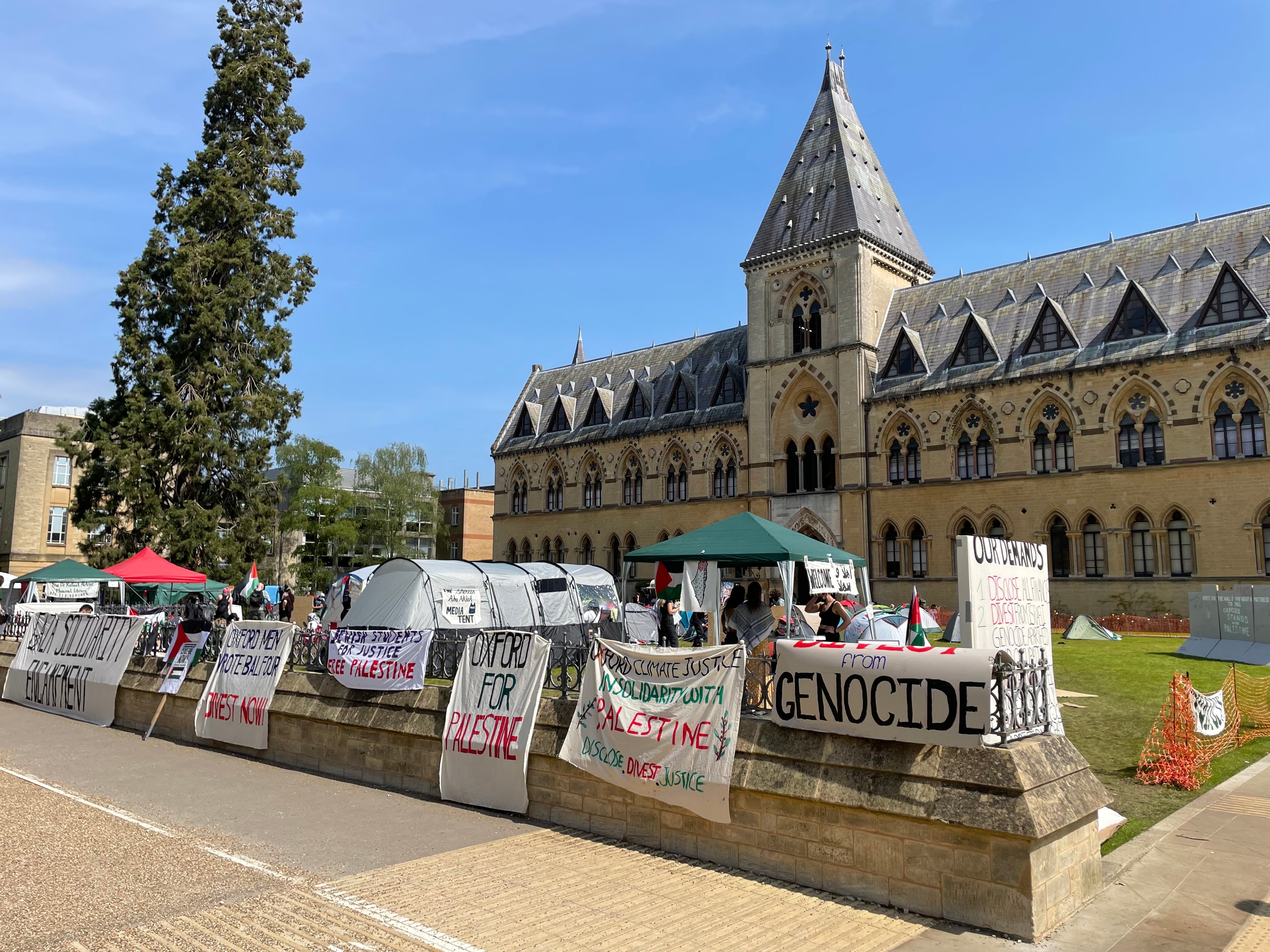 Banners on the walls around the lawn in front of Oxford University’s Natural History Museum