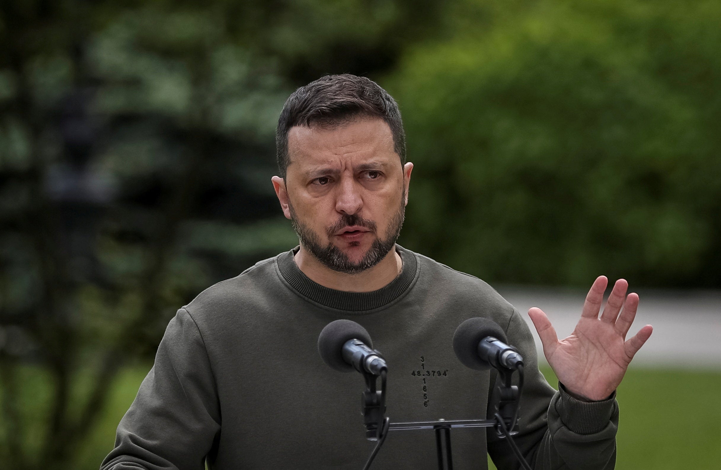 Ukraine’s president Volodymyr Zelensky attends a joint press conference with Slovakia’s president Zuzana Caputova (not pictured) in Kyiv