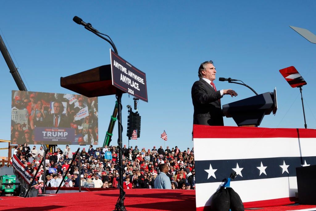 North Dakota Governor Doug Burgum speaks at Donald Trump’s campaign rally in Wildwood, New Jersey on Saturday 11 May