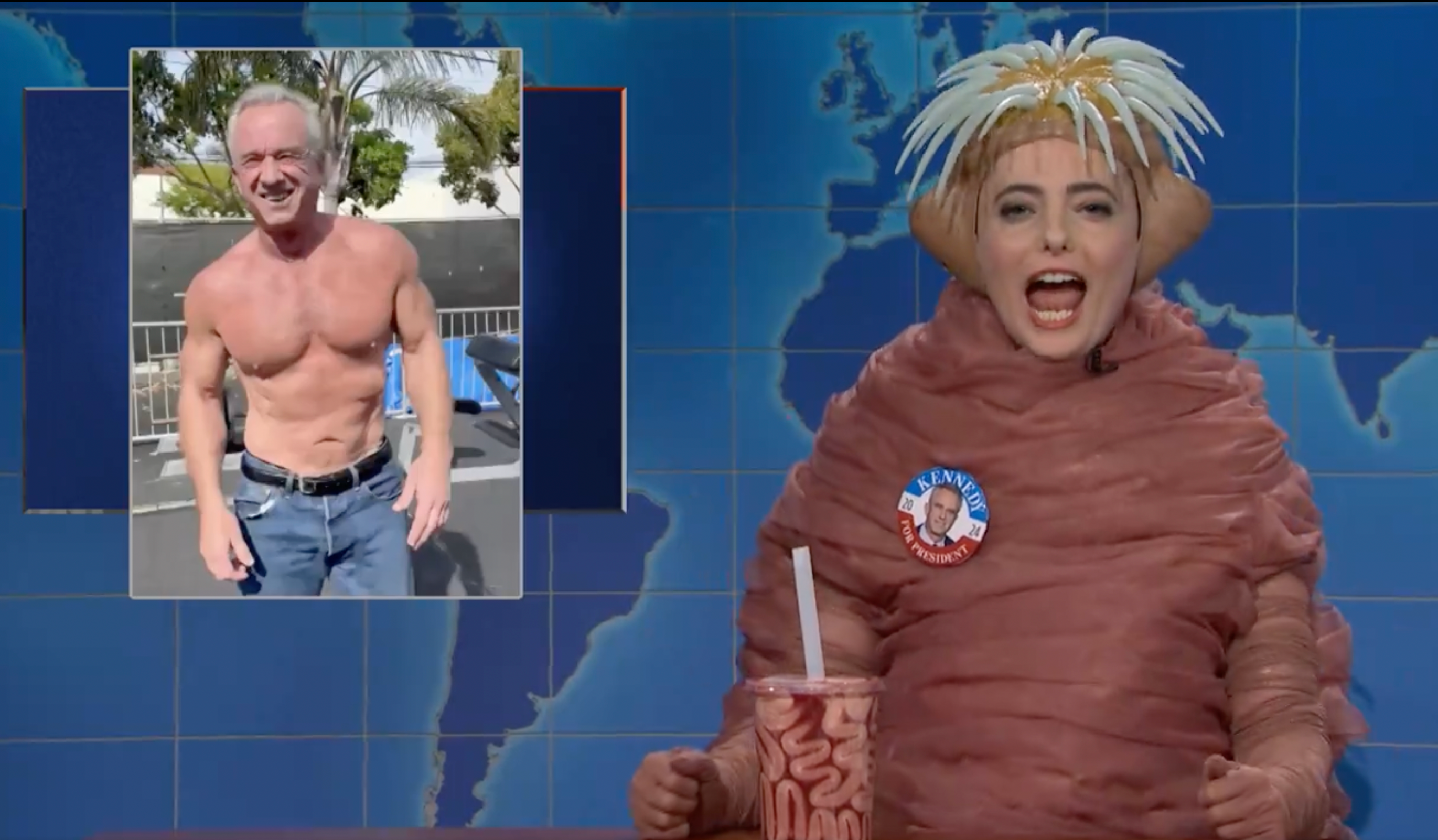 SNL cast member Sarah Sherman donned a worm costume and slurped on a ‘brain drink’ as she revealed to Colin Jost that she is a big fan of independent candidate RFK Jr