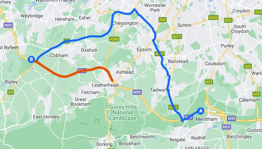 Red line shows section of motorway that is closed. Blue line shows diversion route