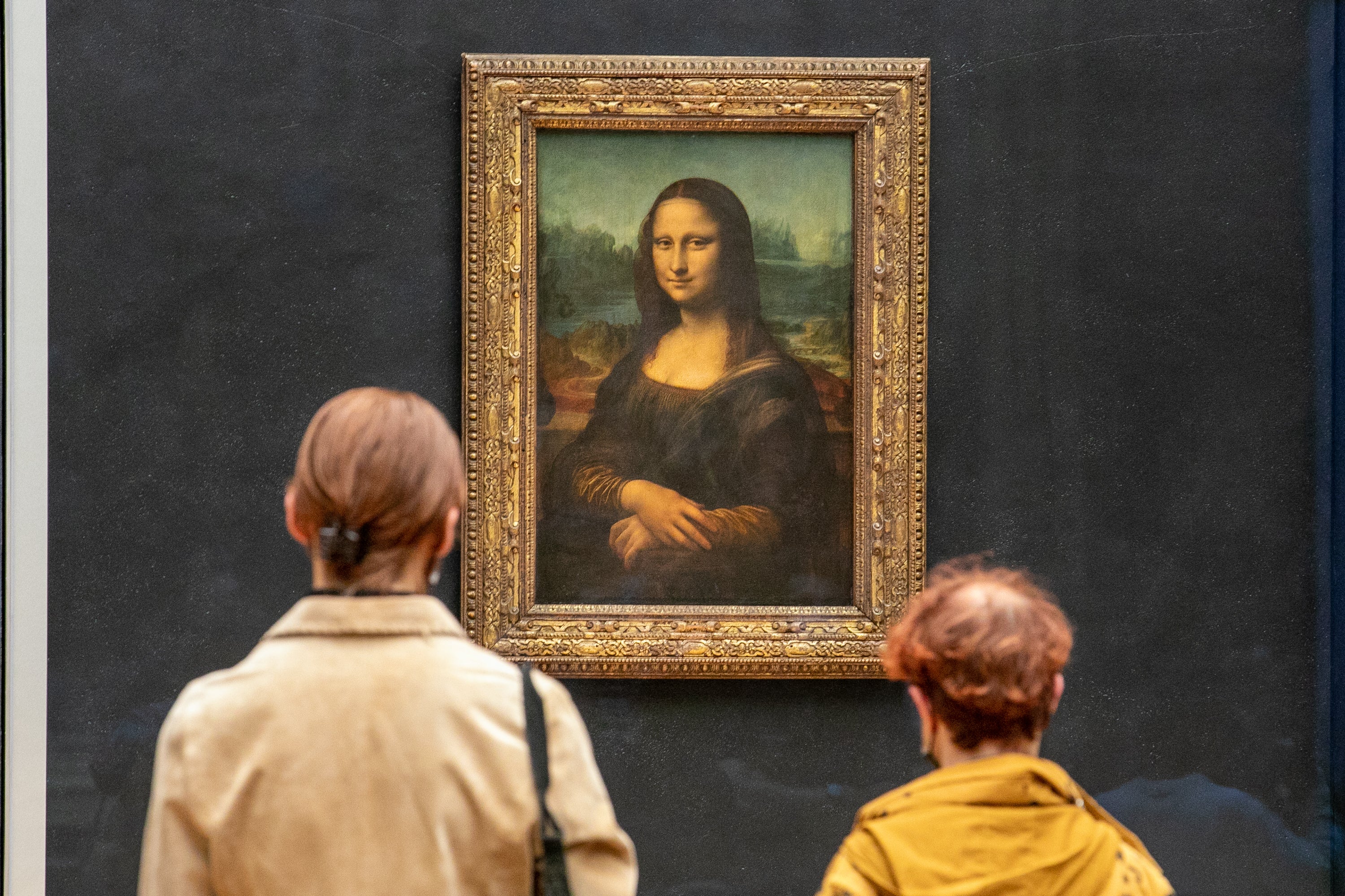 Visitors observe the painting The Mona Lisa by Leonardo Da Vinci on display in a gallery at Louvre