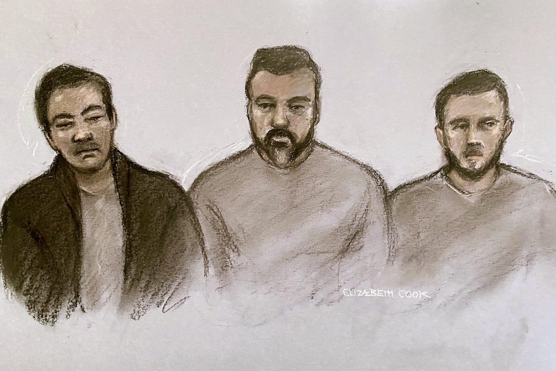 Sketch of, from left, Chung Biu Yuen, Chi Leung Wai, and Matthew Trickett appearing at Westminster Magistrates’ Court (Elizabeth Cook/PA)