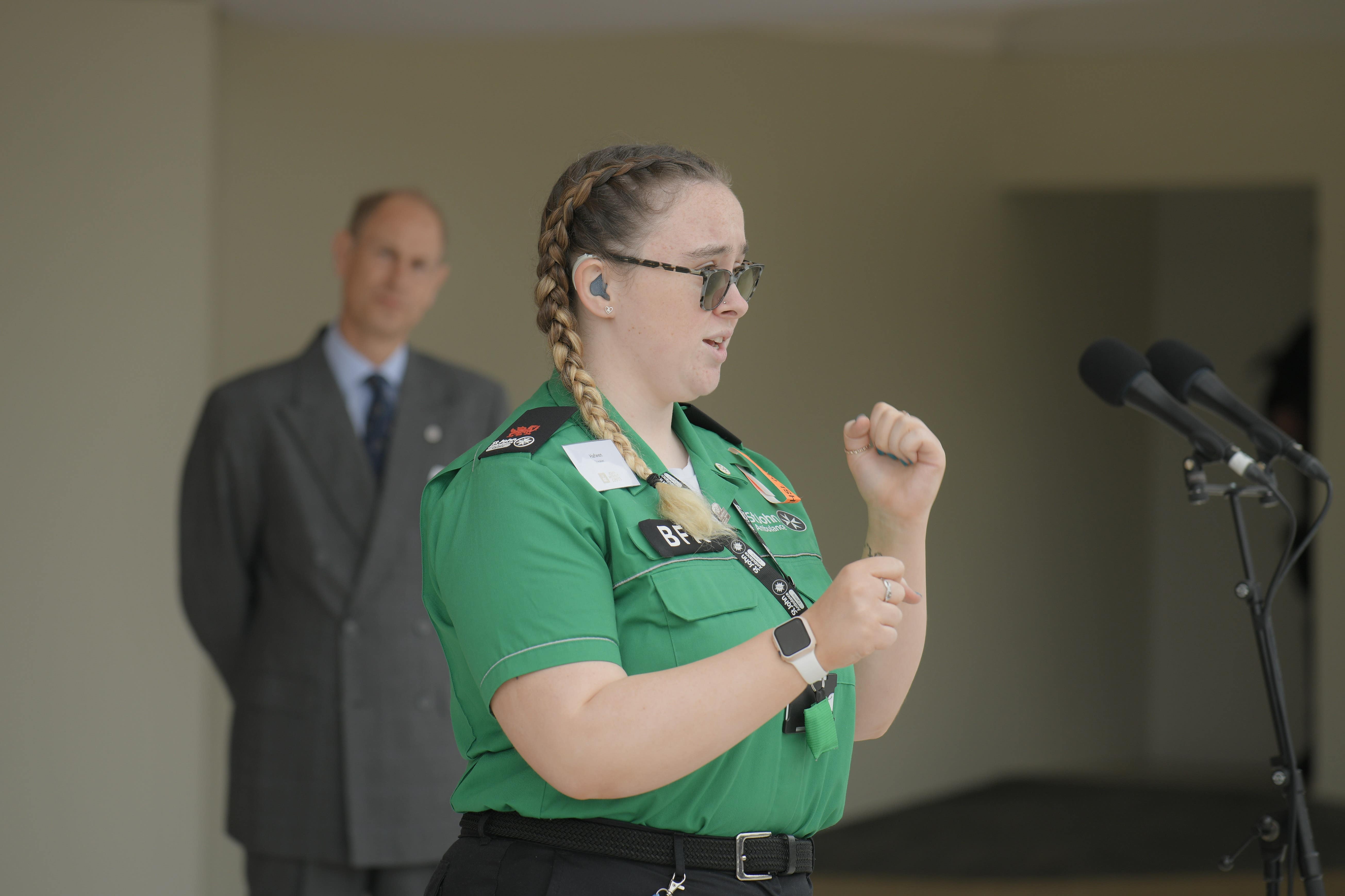 Hafwen Clarke speaks in BSL from the West Terrace (Ian Smithers/DofE/PA)