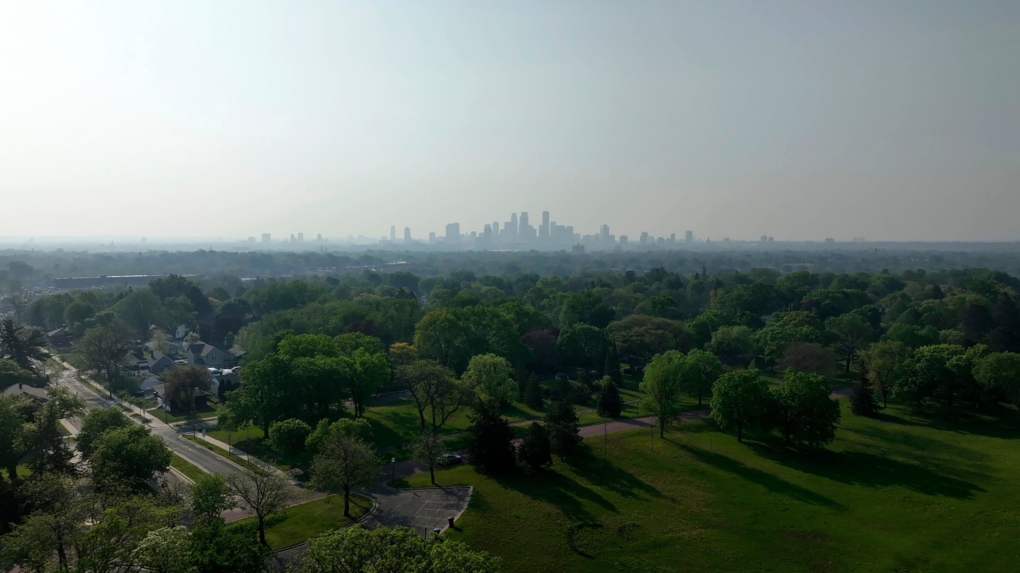 Wildfire smoke hangs over the Minneapolis skyline on Monday, May 13, 2024