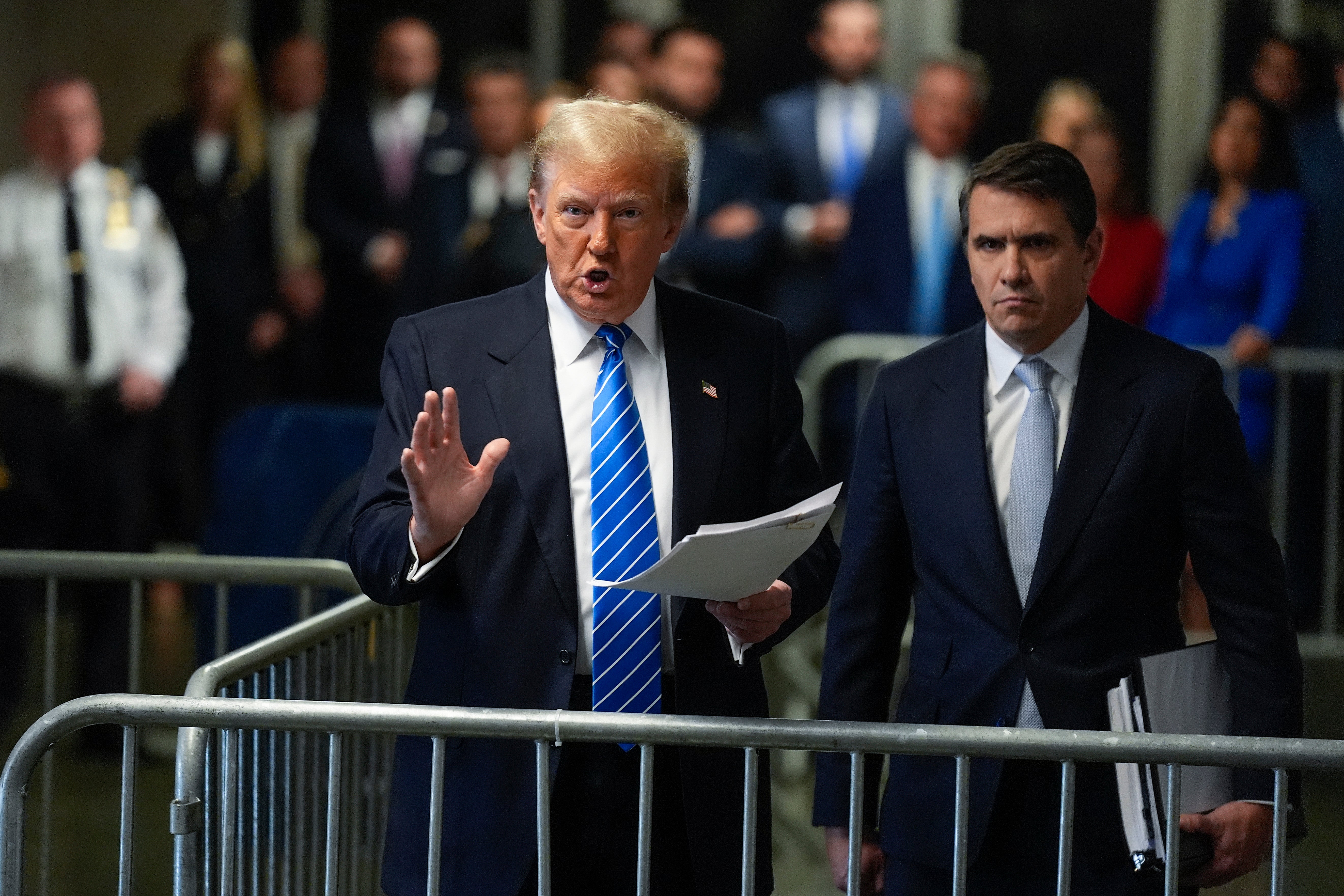 Trump speaks to to press after arriving at Manhattan criminal court on Monday