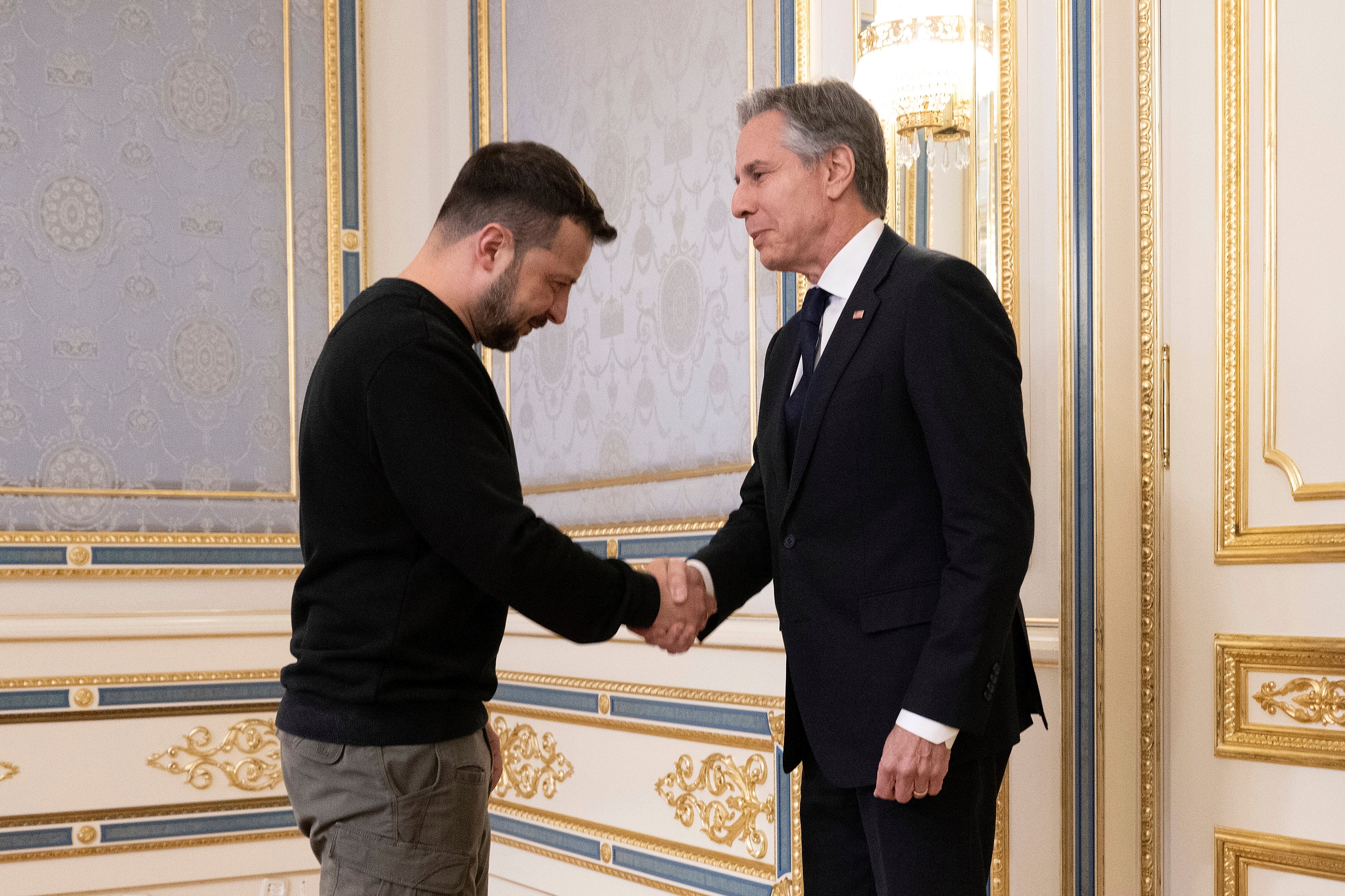 Ukraine’s president, Volodymyr Zelensky, greets US secretary of state Antony Blinken in Kyiv