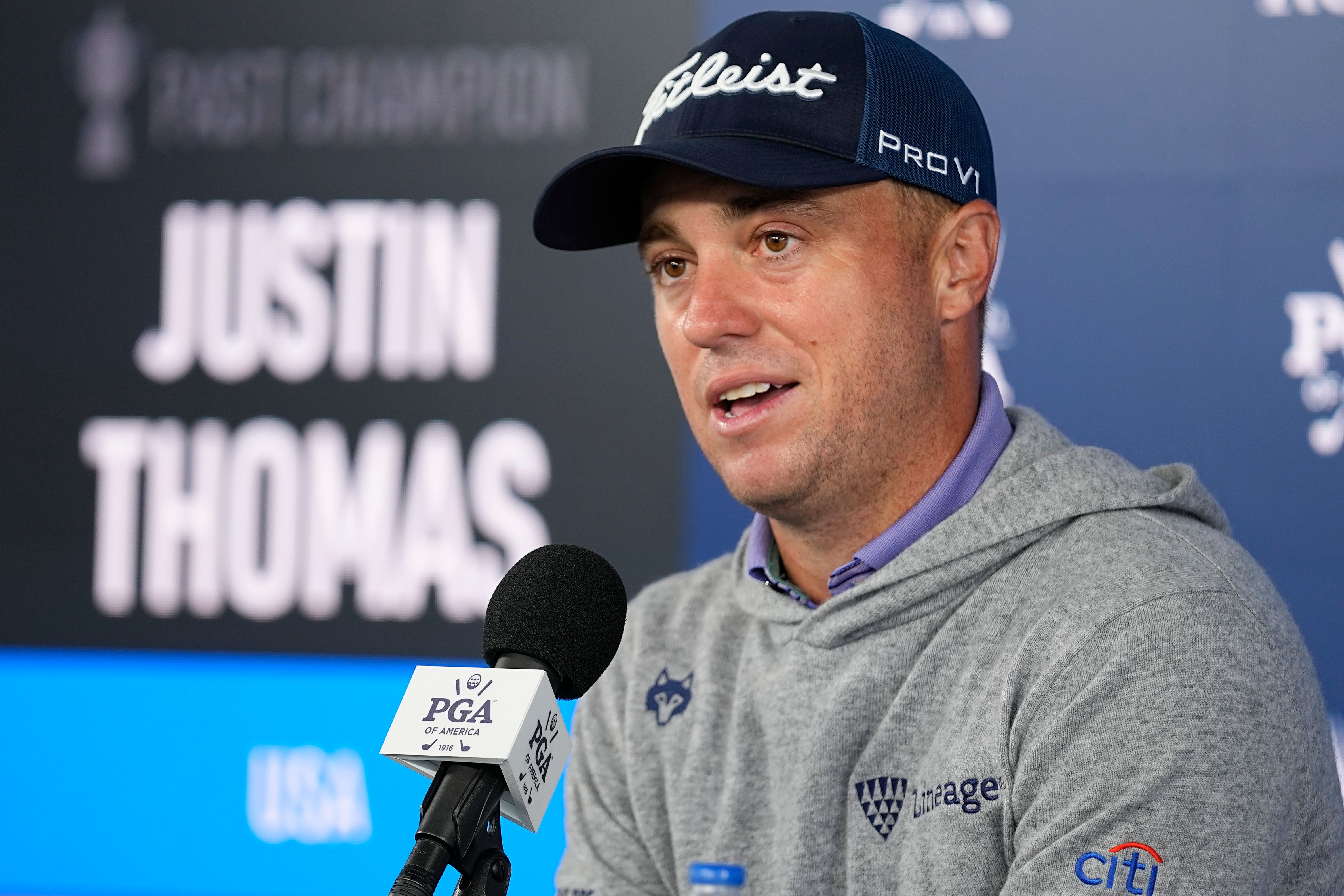 Justin Thomas speaks during a news conference at the US PGA Championship at Valhalla (Sue Ogrocki/AP)