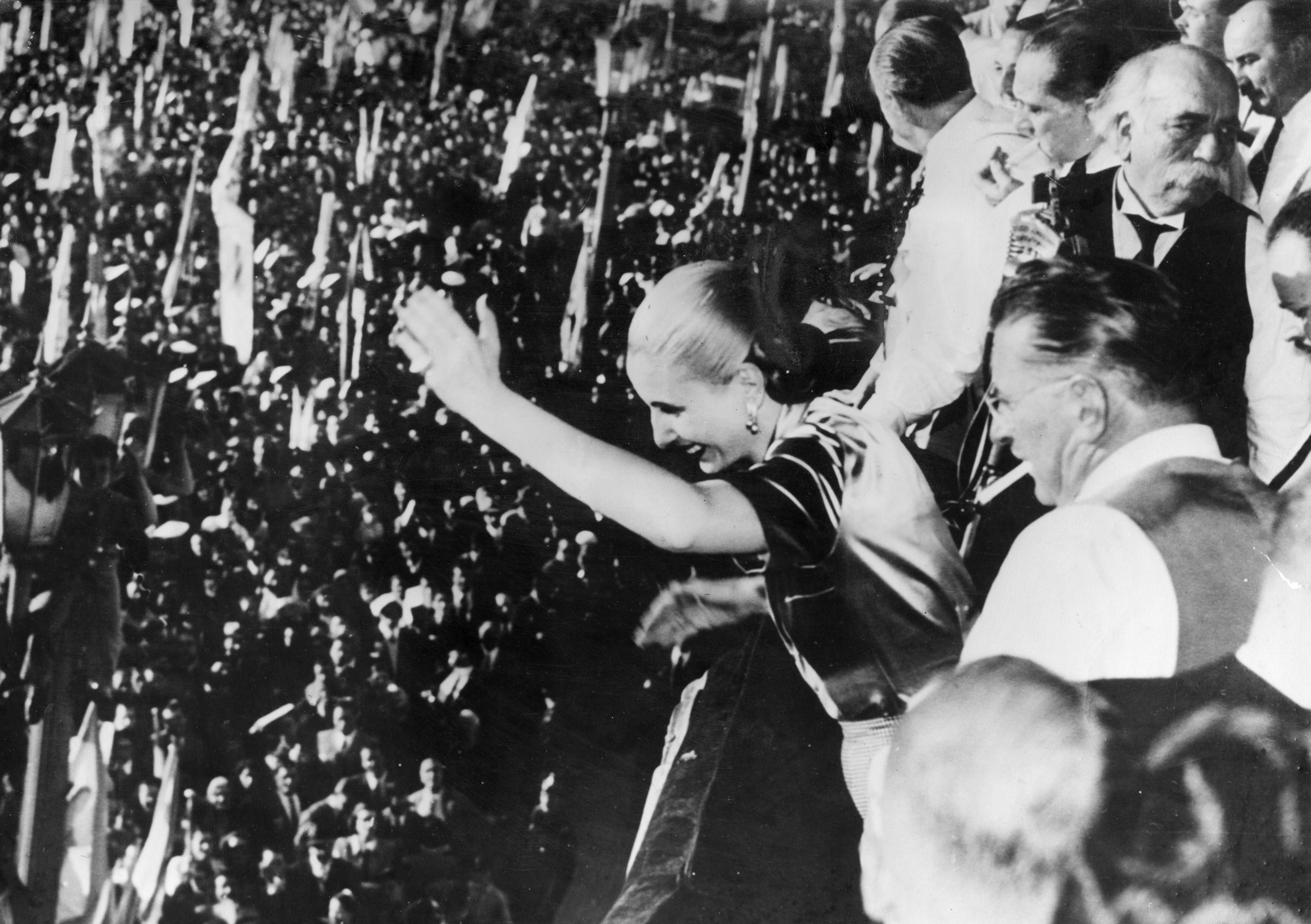 Eva Peron greeting the crowds from the balcony of Casa Rosada in 1951