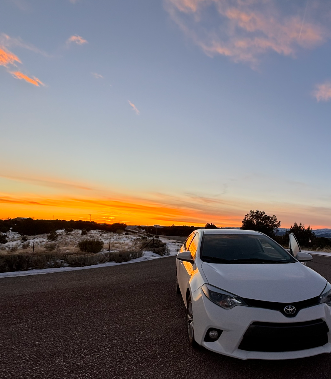 In just a few months in LA, my car has accompanied me through thick and thin. Hank has been my confidant, partner in car-aoke and witness to bad dates. Now he’s sitting in the shop at the back of a long wait list for a new catalytic converter (pictured before leaving snowy New Mexico for sunny LA)