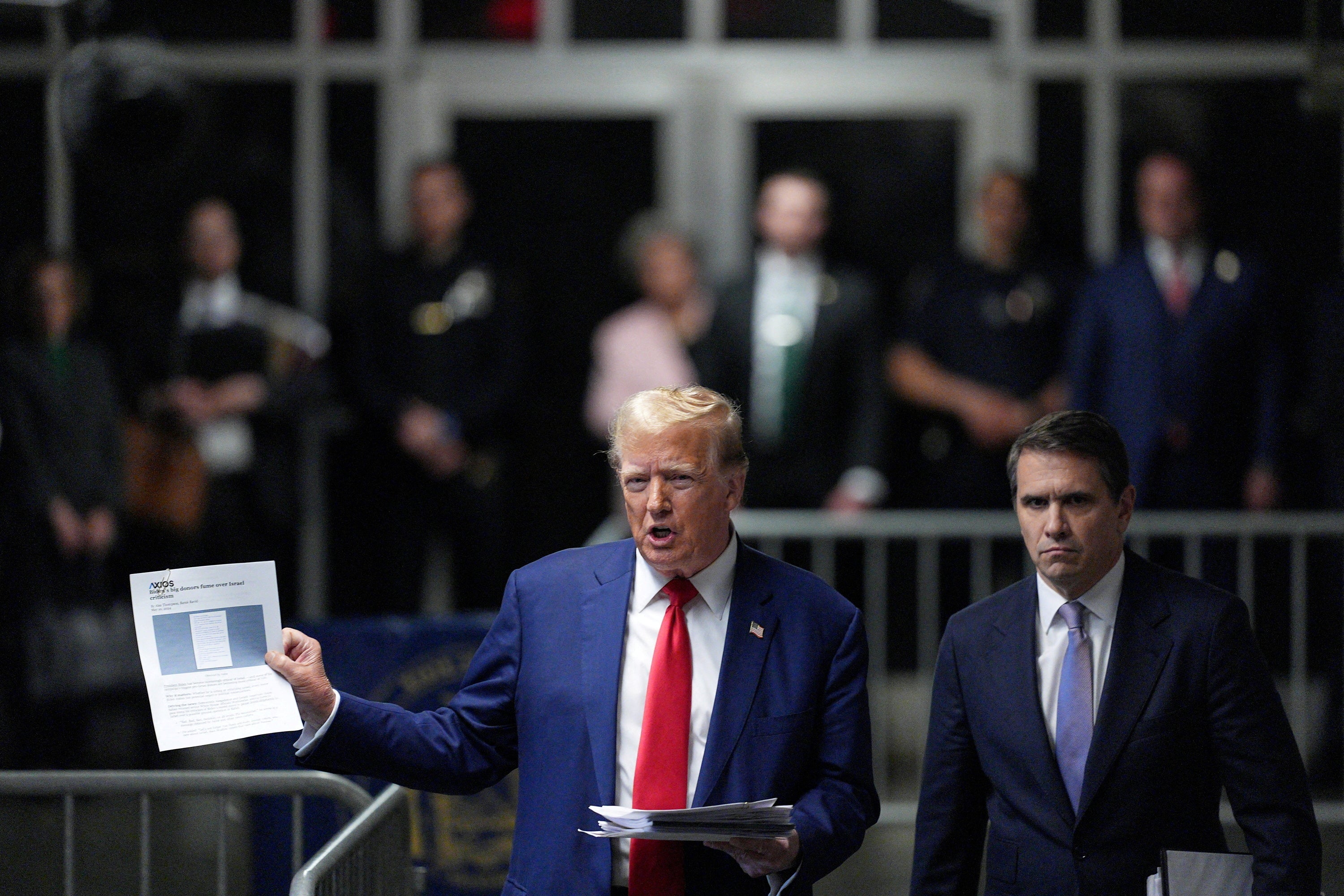 Former President Donald Trump leaves Manhattan Supreme Court on the 15th day of his hush money trial filed by DA Bragg on May 10, 2024.