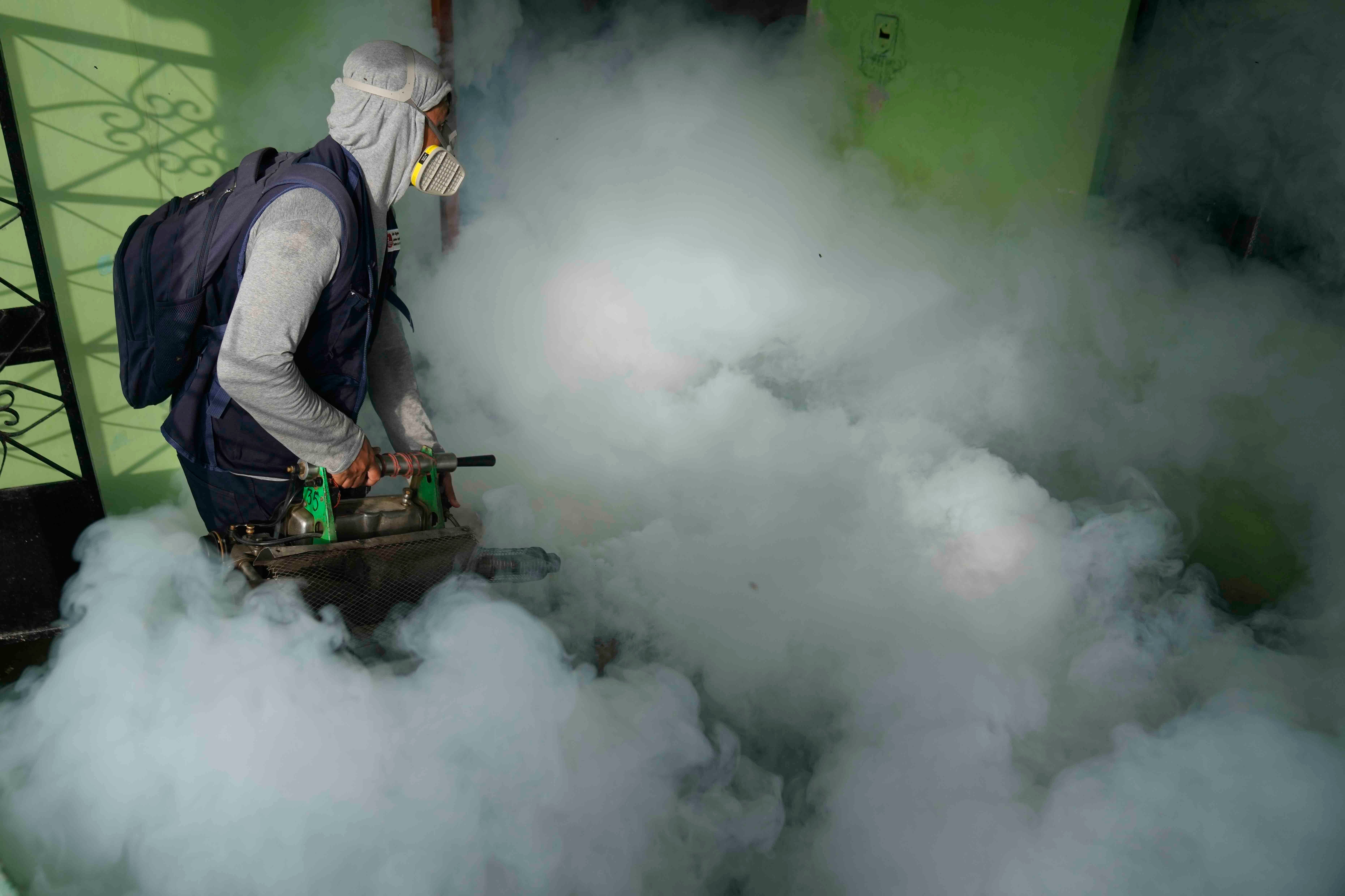 A health worker fumigates for mosquitoes inside a home to help mitigate the spread of dengue in the Las Penitas area of Talara, Peru, Friday, March 1, 2024.The World Health Organization on Wednesday, May 15, 2024