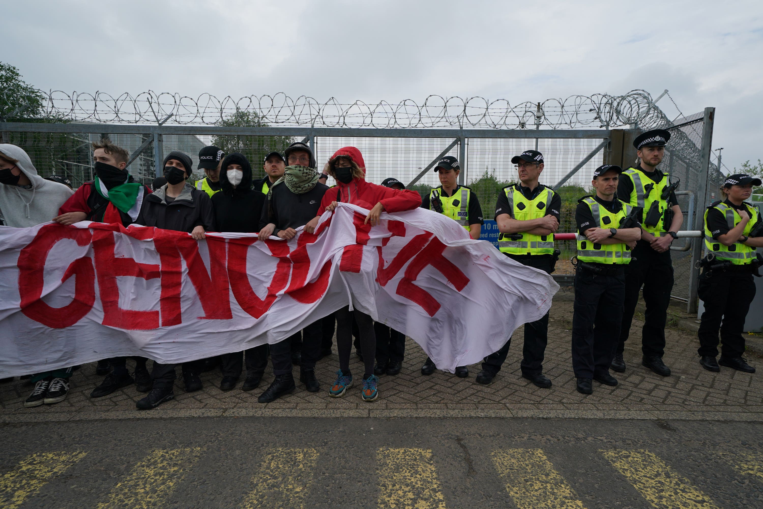 A protest took place outside Thales in Glasgow (Andrew Milligan/PA)