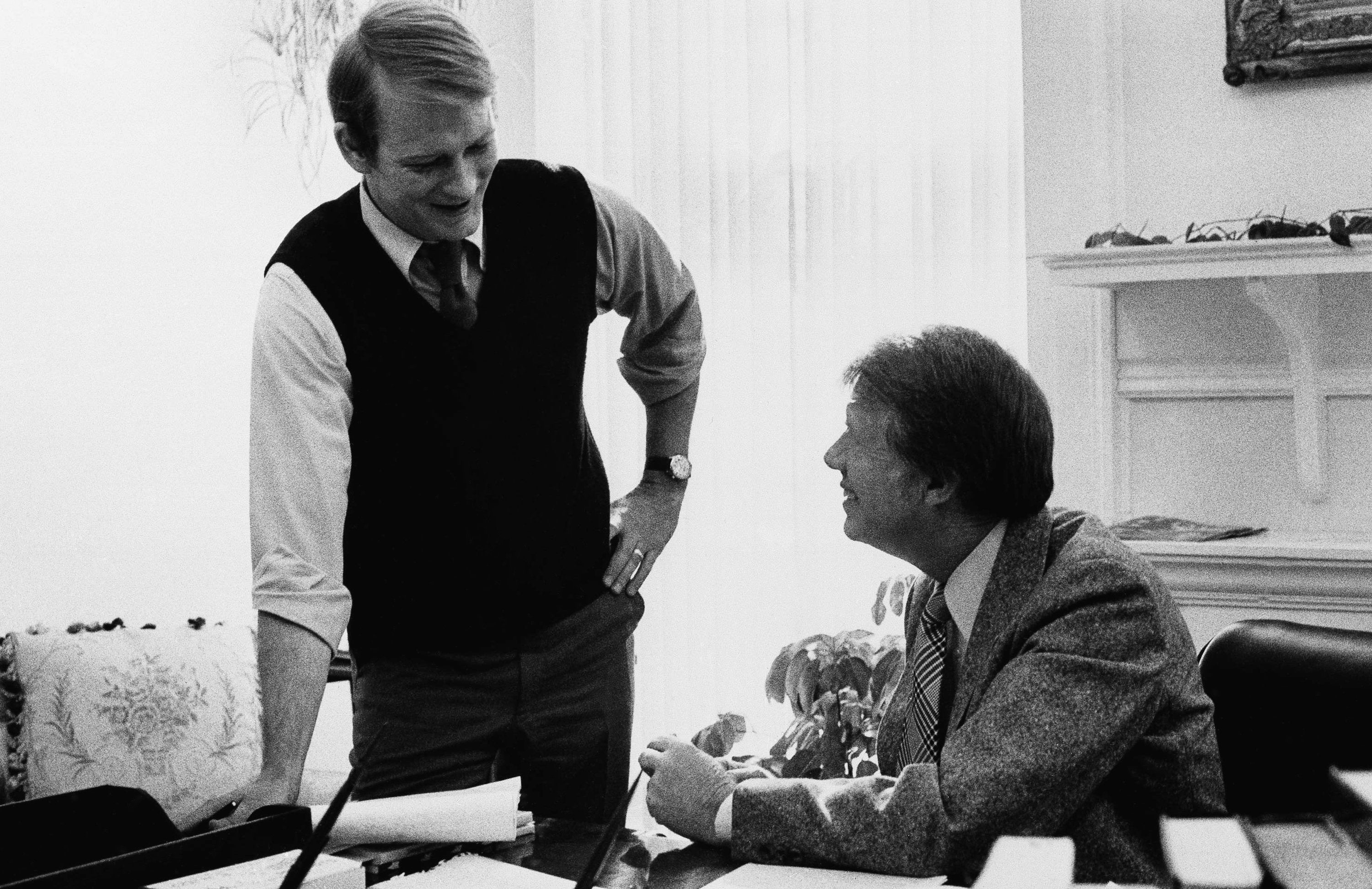 Carter meets press secretary Jody Powell in his private study in Washington DC, in 1977