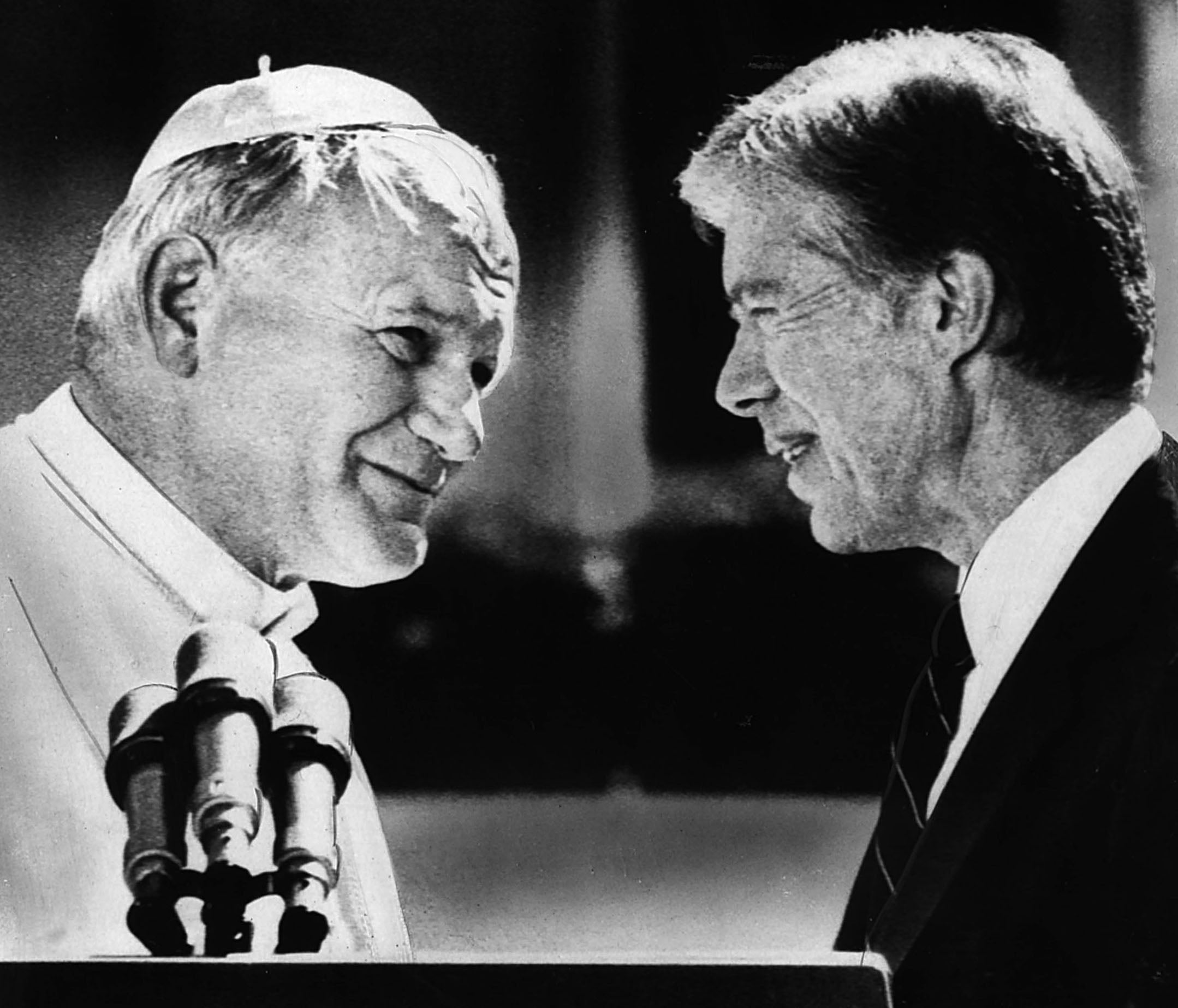 Pope John Paul II meets with former president Jimmy Carter at the White House in Washington, DC, during his visit to America in October 1979