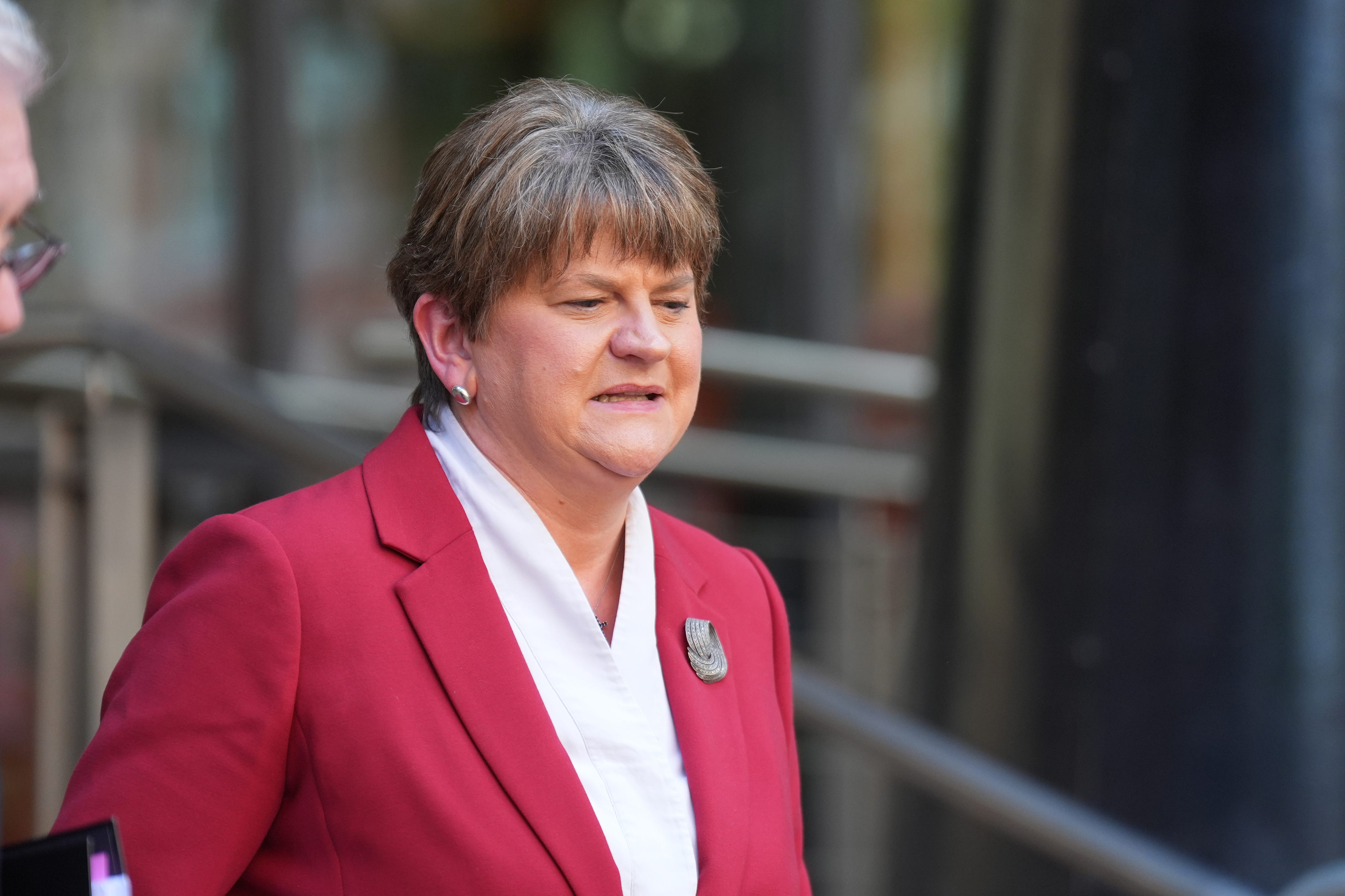 Baroness Arlene Foster leaving the Clayton Hotel in Belfast after giving evidence to the UK Covid-19 inquiry hearing (Niall Carson/PA)