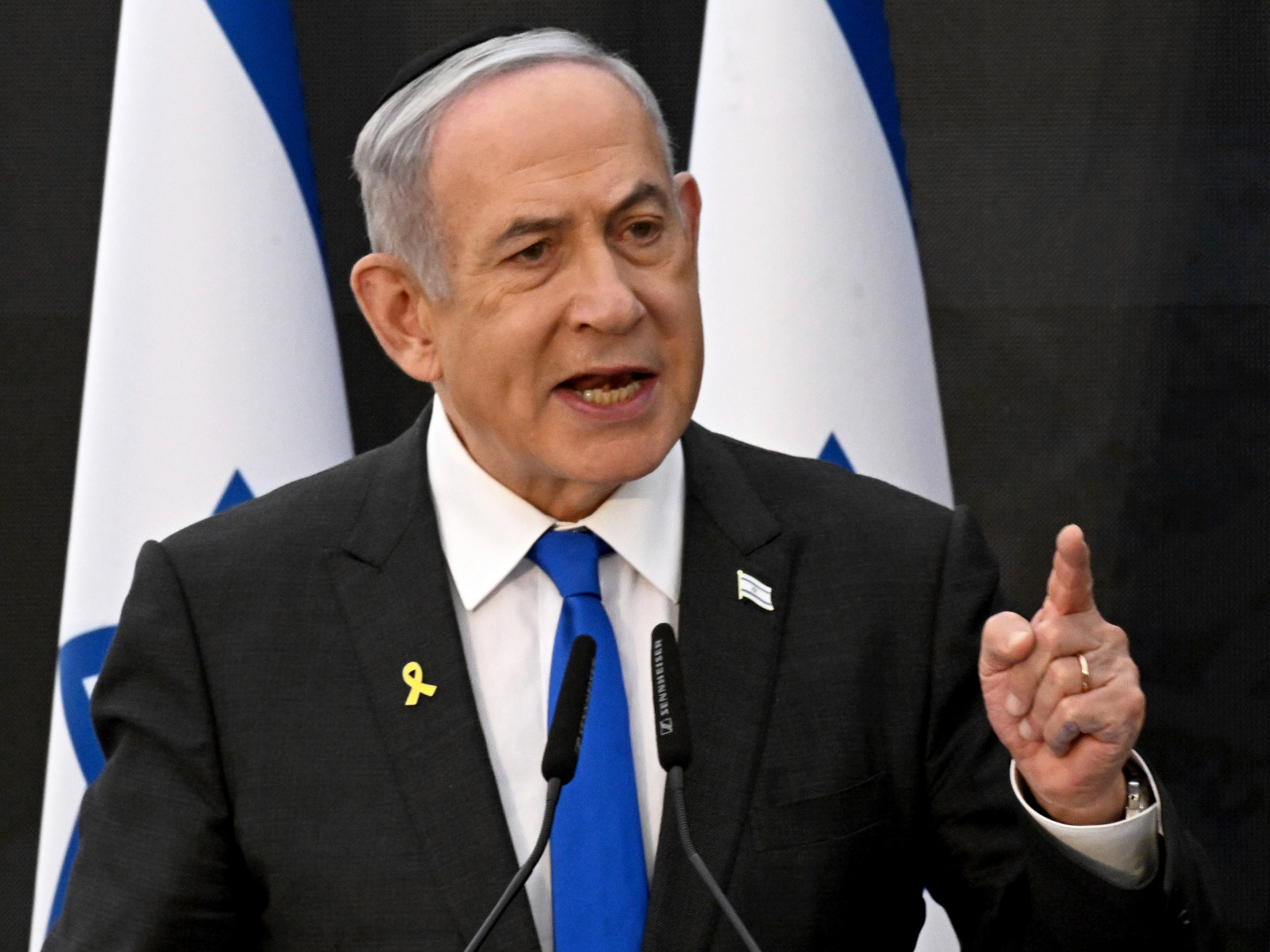 Israeli prime minister Benjamin Netanyahu speaks at a ceremony for the remembrance day