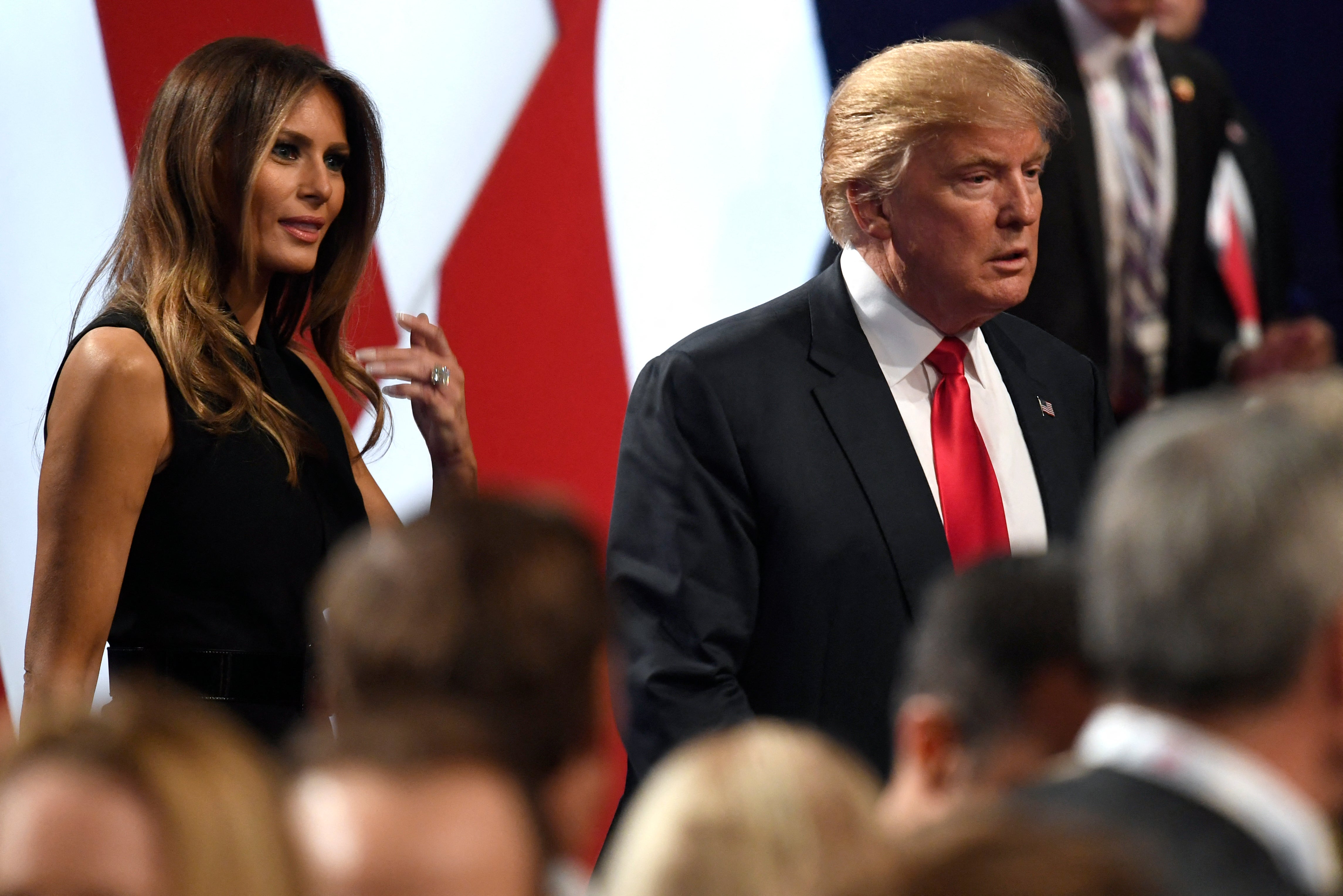 Donald Trump walks off the stage followed by Melania after the final presidential debate of 2016 at the University of Las Vegas in Nevada on 19 October 2016