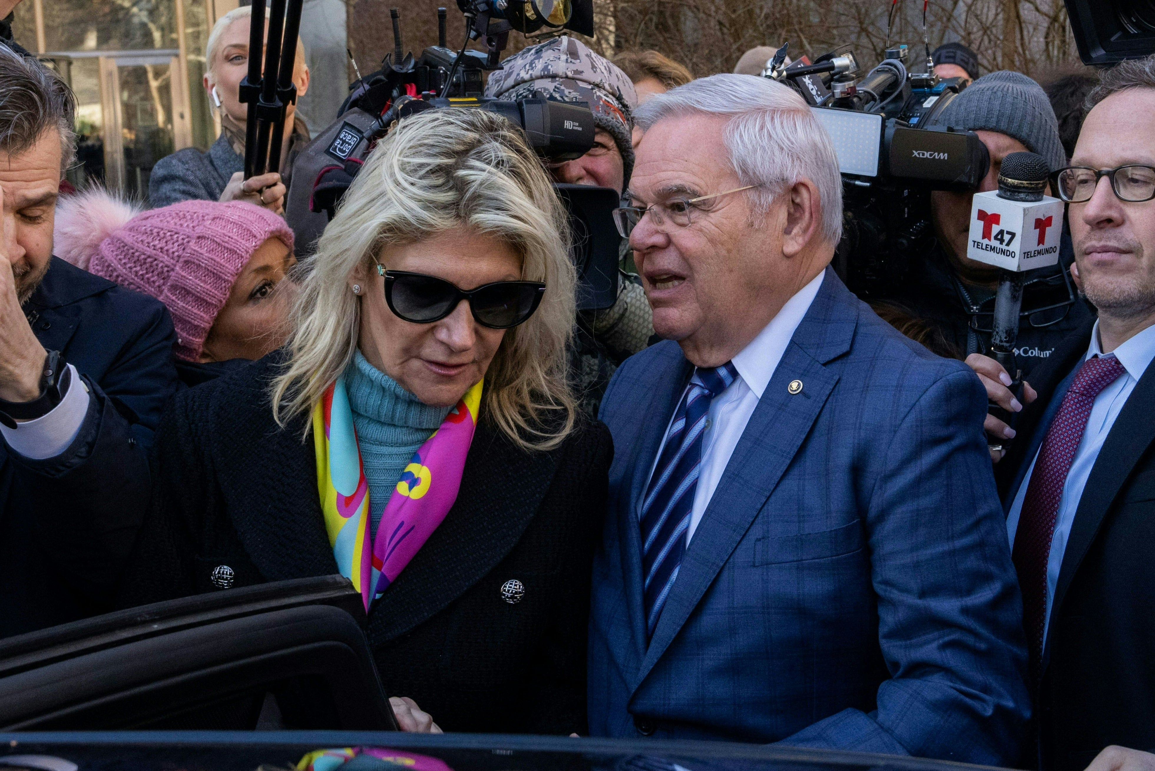 Bob Menendez leaves court with his wife Nadine Menendez in New York City following his arraignment on March 11, 2024